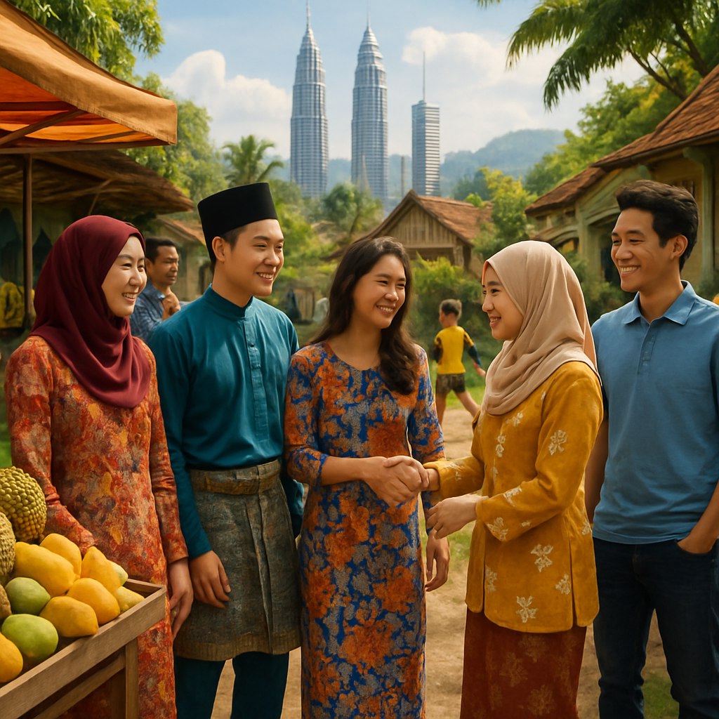 صحنه‌ای پرجنب‌وجوش از مردم مالزی در یک محیط شهری یا روستایی زیبا. گروهی از مردم با لباس‌های سنتی مالزیایی شامل باتیک‌های رنگارنگ و بایجو کوروگ، در کنار افرادی با پوشش مدرن، نشان‌دهنده تنوع فرهنگی و هماهنگی سنت و مدرنیته. برخی در حال لبخند زدن و تعامل دوستانه هستند، در حالی که کودکان در پس‌زمینه مشغول بازی‌اند. یک بازار محلی با غرفه‌های میوه‌های استوایی مانند دوریان و انبه، همراه با نور طبیعی و روشنایی گرم. پس‌زمینه شامل برج‌های نمادین کوالالامپور، یا منظره‌ای سرسبز از جنگل‌های استوایی و روستاهای بومی. رنگ‌ها زنده و متعادل با نورپردازی ملایم که حس زندگی و انرژی را منتقل می‌کند. تصویر نشان‌دهنده حس دوستی، تنوع و زیبایی مالزی است.