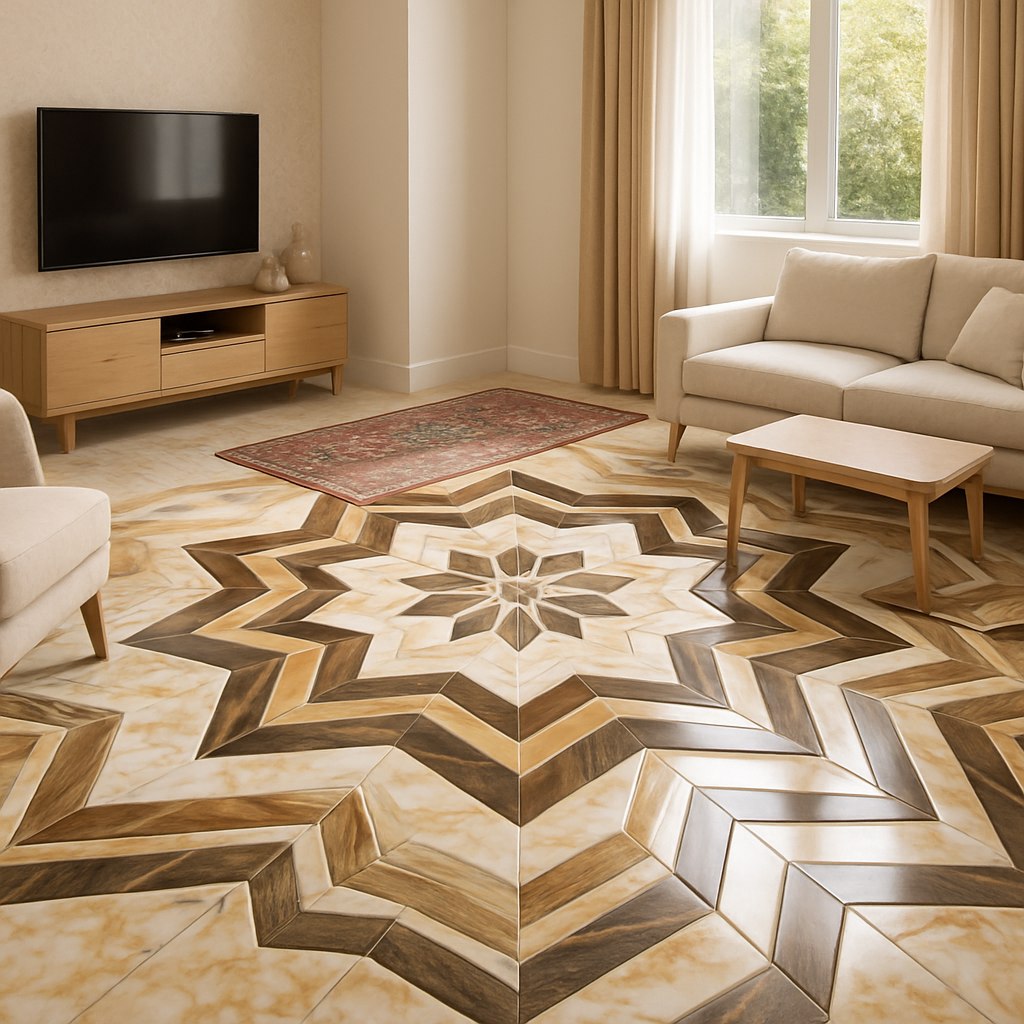 طراحی واقع‌گرایانه‌ی کف‌پوش سه‌بعدی در یک خانه مدرن ایرانی، با ترکیبی از زیبایی‌شناسی سنتی ایرانی و دکوراسیون داخلی معاصر. کف‌پوش دارای طرح‌هایی با کیفیت بالا و سه‌بعدی مانند بافت‌های مرمری، الگوهای هندسی، موتیف‌های گل‌دار یا طرح‌های خطای دید است که عمق بصری ایجاد می‌کند. فضای داخلی شامل عناصر ملایم ایرانی مانند نورپردازی نرم، دیوارهایی با رنگ‌های خنثی، فرش یا موتیف‌های الهام‌گرفته از طرح‌های سنتی، و مبلمان مینیمال اما گرم و صمیمی است. کف‌پوش باید حس فضا و شکوه را افزایش دهد و با سلیقه خانواده‌های امروزی ایرانی که به‌دنبال ترکیب ظرافت و اصالت هستند، هماهنگ باشد. نور طبیعی، محیط تمیز، و رندر واقع‌گرایانه