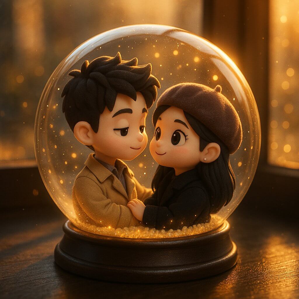 افراد موجود در تصویر پیوست را به صحنه‌ای از یک گوی برفی تبدیل کنید. محیط کلی: گوی برفی روی میز کار کنار پنجره قرار گرفته است، پس‌زمینه تار و با تُن‌های رنگی گرم است. نور خورشید از میان گوی می‌درخشد و لکه‌های طلایی رنگی ایجاد می‌کند که تاریکی اطراف را روشن می‌کند. درون گوی برفی: شخصیت‌ها مدل‌های سه‌بعدی بامزه نسخه Q هستند که با چشمانی پر از عشق به یکدیگر خیره شده‌اند.