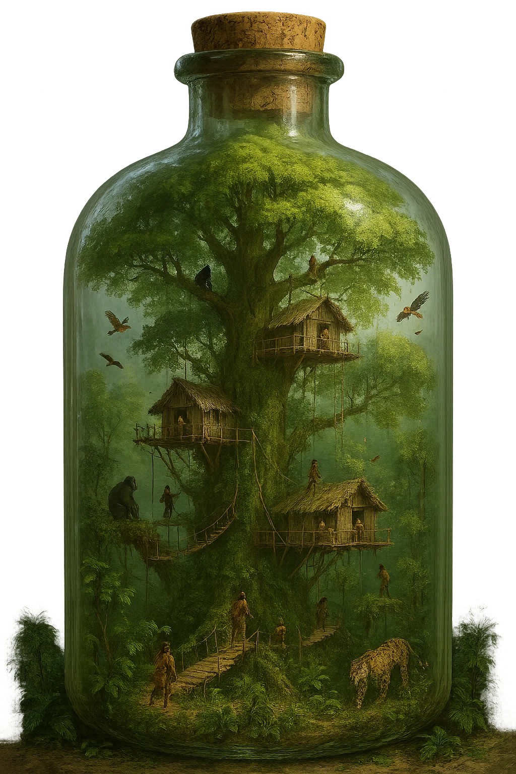 یک درخت جنگلی غول پیکر در یک بطری شیشه ای. این درخت بسیار بلند است و برگ‌های چند لایه دارد. در این بین، خانه‌های درختی وجود دارند که توسط پل، نردبان‌های آویزان یا موارد مشابه به هم متصل شده‌اند. در خانه‌های درختی، می‌توان افرادی را با لباس‌های طبیعی دید که مشغول به کار به نظر می‌رسند. علاوه بر این، برخی از پرندگان، میمون‌ها/گوریل‌ها و گربه‌های بزرگ را می‌توان در بطری مشاهده کرد. گیاهان کوچک دیگری هم روی زمین وجود دارند. همه چیز به سبکی واقع‌گرایانه و باید سه‌بعدی به نظر برسد. بعضی وقت‌ها حتی باید بتوانید از درون بطری ببینید