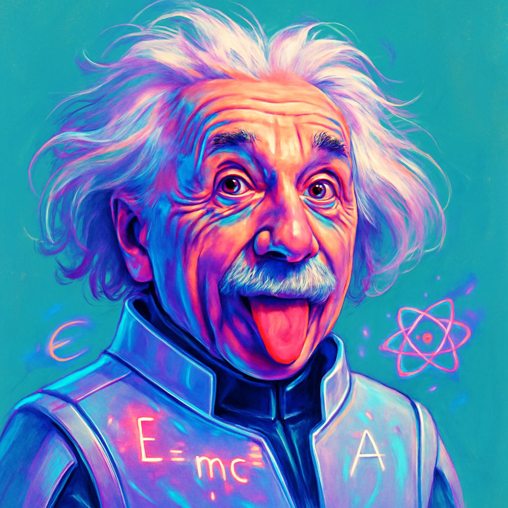 کاریکاتوری با کیفیت بسیار بالا و جزئیات دقیق از آلبرت انیشتین، با سبکی متفاوت و مدرن. ویژگی‌های چهره به شکل اغراق‌آمیز: موهای سفید و پریشان، ابروهای پرپشت، و چشمانی بازیگوش. حالت معروف بیرون آوردن زبان به شکلی بامزه و پرانرژی. رنگ‌بندی غیرمعمول و زنده: پس‌زمینه فیروزه‌ای روشن، سایه‌های رنگی بنفش، آبی و صورتی روی صورت، با تکنیک سایه‌پردازی مدرن و هنری. ترکیبی از رئالیسم و اغراق کارتونی. پوشیده در یک روپوش آزمایشگاهی آینده‌نگر با فرمول‌های فیزیکی درخشان که اطرافش معلق هستند. خلاقانه، جذاب و مناسب برای پوستر یا تصویرسازی مجله‌ای.