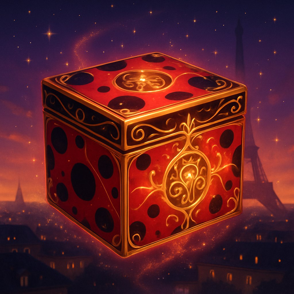 یک جعبه‌ی معجزه‌گر با طراحی بسیار دقیق و کیفیت فوق‌العاده بالا، الهام‌گرفته از سبک انیمیشن دختر کفش‌دوزکی. جعبه با الگوهای ظریف و پیچیده‌ای مزین شده که شبیه خال‌های کفشدوزک است، با تزئینات درخشان طلایی و خطوط درخشان و رمزآلودی که نشان‌دهنده‌ی قدرت‌های جادویی هستند. رنگ‌های استفاده شده شامل قرمزهای زنده و جذاب، مشکی عمیق و طلایی درخشان است که جلوه‌ای سحرآمیز و گیرا به جعبه می‌بخشد. جعبه هاله‌ای نرم و جادویی با درخشش‌های ظریف اطراف خود دارد. پس‌زمینه یک منظره‌ی رویایی از شهر پاریس در گرگ و میش است که برج ایفل به صورت سایه‌ای ملایم دیده می‌شود و ستاره‌های درخشان فضا را مزین کرده‌اند، تا فضای داستانی جعبه معجزه‌گر را به زیبایی منتقل کند. فضای کلی تصویر مرموز، پرامید و پر از شگفتی است.
