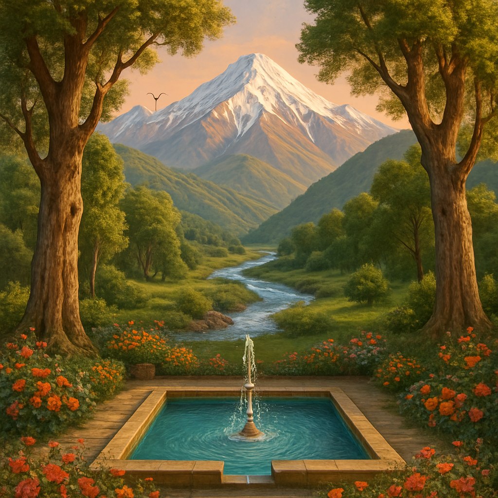 یک پوستر سه‌بعدی خیره‌کننده که منظره‌ای از طبیعت زیبای ایران را به تصویر می‌کشد: رشته‌کوه‌های البرز در پس‌زمینه با قله‌های پوشیده از برف، یک رودخانه زلال و پرپیچ‌وخم که از میان دره‌ای سرسبز می‌گذرد، و درختان کهن‌سال چنار که سایه‌ای دلپذیر ایجاد کرده‌اند. در بخش پیش‌زمینه، یک باغ سنتی ایرانی با حوض آبی کوچک، فواره‌های ظریف، و گل‌های رنگارنگ به نمایش درآمده است. نور ملایم طلوع یا غروب خورشید از میان کوه‌ها به محیط رنگ‌های گرم و رویایی بخشیده، و جزئیات برجسته مانند پرندگان در حال پرواز و گل‌های رقصان در باد، عمق و پویایی سه‌بعدی را تقویت می‌کنند.