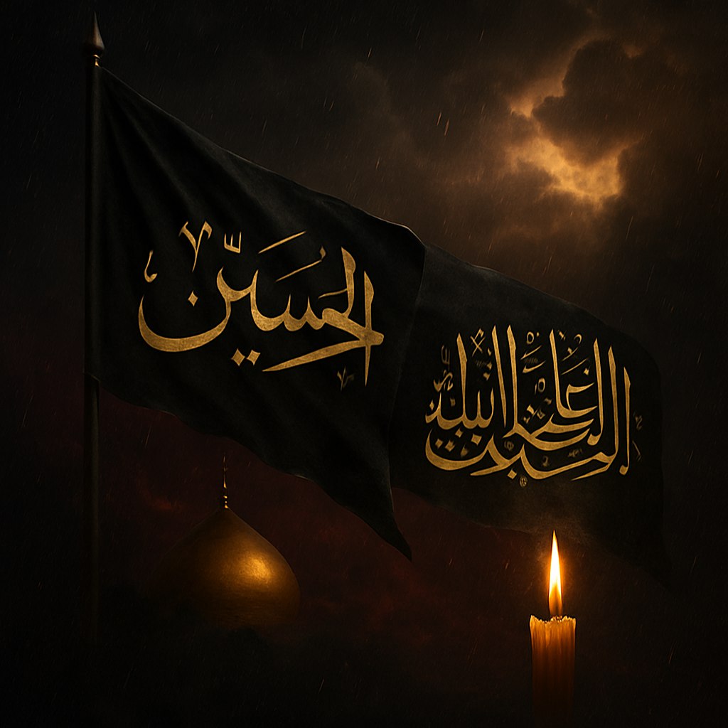 طراحی بک‌گراندی خاص، مدرن و متفاوت برای ماه محرم، با الهام از فضای عرفانی و روحانی عزاداری امام حسین (ع). استفاده از رنگ‌های غالب سیاه، قرمز تیره، و طلایی یا نقره‌ای برای القای عمق و معنویت. شامل المان‌های سنتی محرم مانند پرچم‌های مشکی با نوشته‌های عربی خوشنویسی‌شده (با تاکید بر املای صحیح و دقیق به زبان عربی)، نظیر:
