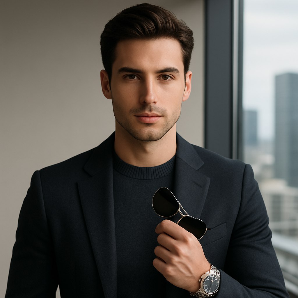 یک عکس پروفایل پسرانه لاکچری، پسر جوان با چهره‌ای جذاب و با اعتمادبه‌نفس، موهای مرتب و مدل‌دار (قهوه‌ای تیره یا مشکی)، پوشیده در کت‌وشلوار شیک تیره یا بلوز بافتنی کشمیری، پس‌زمینه محو با طراحی مینیمال یا نمای پنجره‌ای با چشم‌انداز یک شهر مدرن. نورپردازی حرفه‌ای با هایلایت‌های نرم بر روی صورت. لوازم جانبی مانند ساعت لوکس یا عینک آفتابی در دست یا کنار چهره. سبک عکس استودیویی یا در فضای داخلی با طراحی مدرن و رنگ‌های خنثی. تصویر با کیفیت بالا و حس و حال اشرافی.