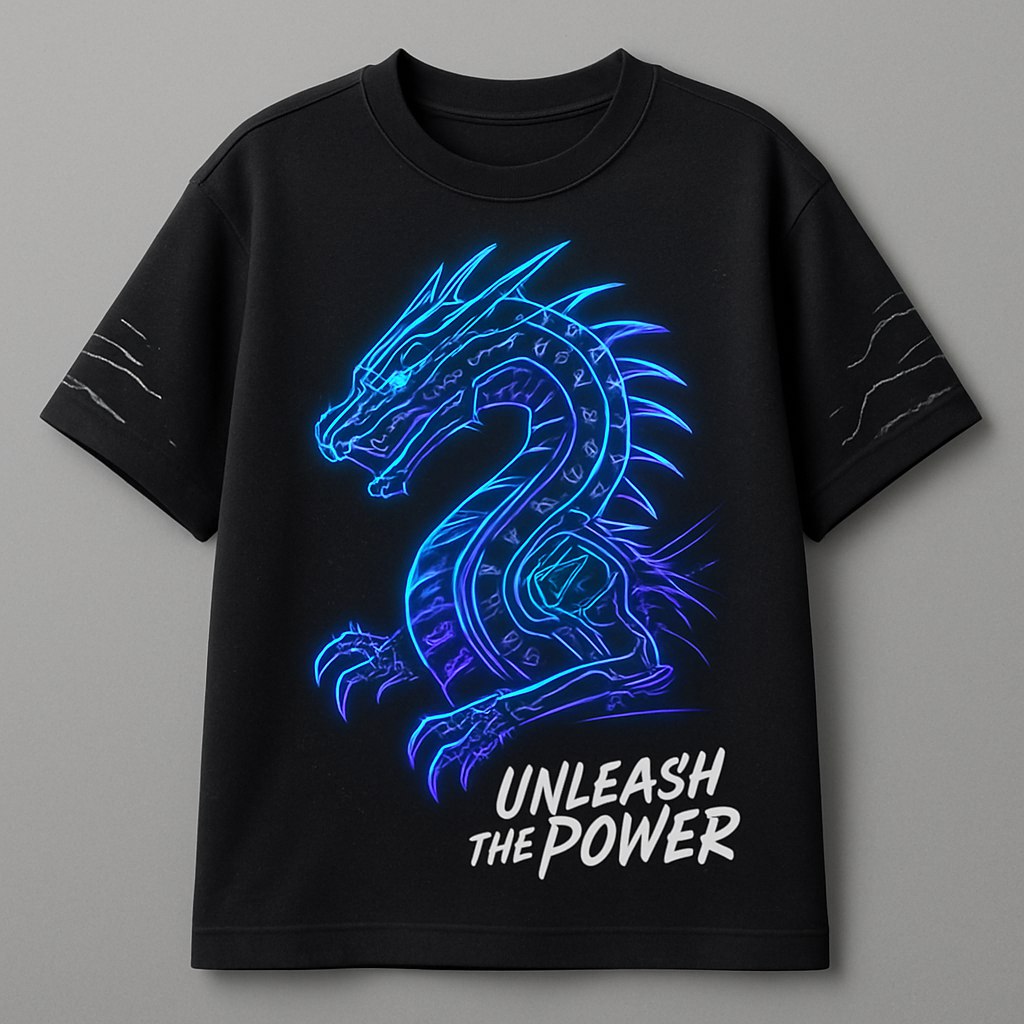 طراحی یک تی‌شرت پسرانه جذاب و جوان‌پسند: زمینه تی‌شرت به رنگ مشکی مات با جزئیات درخشان نقره‌ای، طرحی از یک اژدهای سایبری با خطوط نئونی در رنگ‌های آبی و بنفش که به سبک گرافیکی مدرن طراحی شده است. نوشته‌ای کوتاه و انگیزشی به خط تایپوگرافی دینامیک (مانند 'Unleash the Power') در گوشه پایین تی‌شرت. جزئیات مینیمال روی آستین‌ها مانند خطوط دیجیتالی یا الگوهای شکسته. پارچه بافت نرم و طراحی اورسایز برای راحتی و استایل خیابانی.