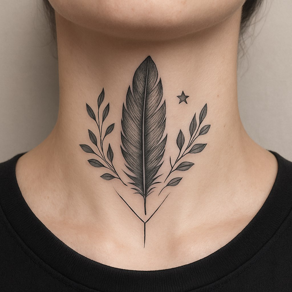 طرح تتوی گردن با ایده‌ای خاص، متفاوت و جذاب که هم برای مردان و هم زنان مناسب باشد. طرح مینیمال ولی با جزئیات دقیق و هماهنگ، ترکیبی از خطوط نرم و هندسی با نمادهای الهام‌بخش مانند پر، ستاره یا شاخه‌های گل. رنگ‌ها طبیعی و آرام‌بخش، مانند مشکی مات یا خاکستری تیره، تا به راحتی با هر سبک پوششی هماهنگ شود. طرح هم ظرافت و هم قدرت را به نمایش می‌گذارد و به گونه‌ای است که موردپسند عموم باشد و همزمان حس منحصر به فرد بودن را القا کند. پس‌زمینه ساده و بدون شلوغی برای تمرکز کامل روی طرح تتو.