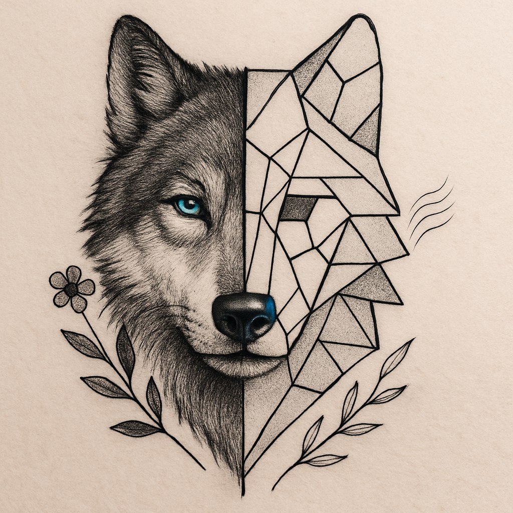 طرح تتوی گرگ با جزئیات دقیق و سبک ترکیبی مینیمال و هندسی. صورت گرگ به‌صورت نیمه واقع‌گرایانه و نیمه هندسی طراحی شده است؛ یک سمت صورت با خطوط ظریف و جزئیات طبیعی، و سمت دیگر با اشکال هندسی ساده و تمیز که حس مدرنیته را القا می‌کند.

طرح دارای سایه‌زنی‌های نرم برای ایجاد عمق در چشم‌ها و پوزه گرگ است، با خطوط برجسته که حس قدرت و جذابیت را منتقل می‌کند. برای تزئین، المان‌هایی مانند گل‌های کوچک، شاخه‌های درخت، یا خطوط موج‌دار در اطراف طرح به‌صورت انتزاعی اضافه شده‌اند. رنگ طرح می‌تواند مشکی ساده با سایه‌های خاکستری باشد یا ترکیبی از مشکی با نقاط رنگی درخشان مانند آبی یا قرمز برای جذابیت بیشتر.