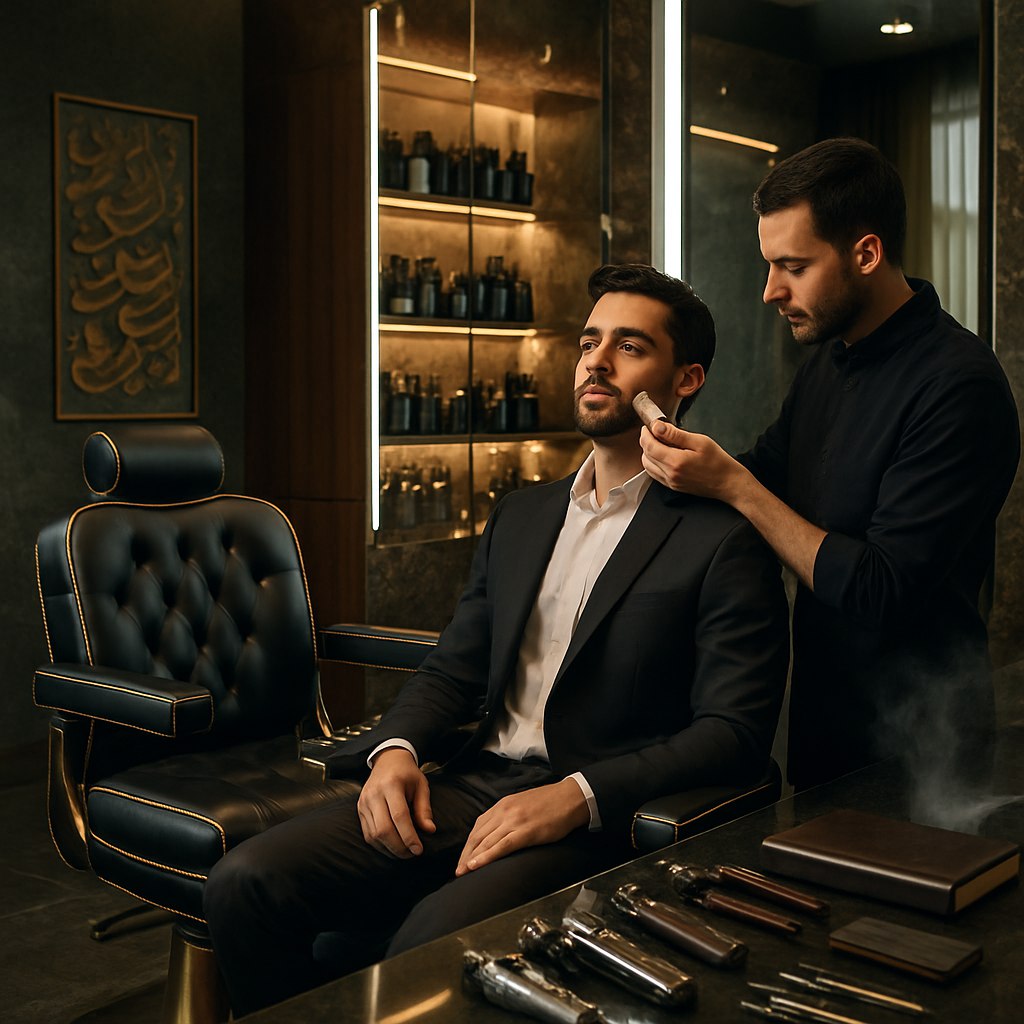 یک عکس تمام‌نما از فضای داخلی یک آرایشگاه مردانه فوق‌لوکس با طراحی مدرن و مینیمال، ترکیب‌بندی شده با المان‌های ایرانی-بین‌المللی. سالنی با دیوارهای پانل‌چوبی گرم (رنگ والنت یا خاکستری تیره) و سنگ‌های آنتیک براق، مبلمان چرمی مشکی با خطوط طلایی و آیینه‌های تمام‌قد با قاب‌های استیل ضدزنگ. نورپردازی غیرمستقیم و هوشمند با ترکیب نورهای خطی LED (رنگ گرم) و نورهای نقطه‌ای روی صندلی‌های آرایشگر، که انعکاس‌های لوکس روی ابزارهای آرایش کروم‌شده ایجاد می‌کند. در مرکز تصویر، یک صندلی آرایشگر تمام‌چرم با هدایت‌گر هیدرولیک به‌صورت ۳/۴ چرخیده، همراه با ست کامل ابزارهای آرایش مردانه (نظیر ماشین‌های اصلاح حرفه‌ای، قیچی‌های دست‌ساز و شانه‌های چوب آبنوس) روی میز شیشه‌ای دودی قرار گرفته‌است. در پس‌زمینه، قفسه‌ای از عطرهای مردانه لوکس و محصولات مراقبت مو با بسته‌بندی سیاه-طلایی به‌صورت نامرتب ولی هنرمندانه چیده شده‌اند. یک مرد مدل ایرانی با استایلی کلاسیک-مدرن (پیراهن سفید یقه‌دار با کت مشکی، ریش‌تراش‌شده‌ی حرفه‌ای) در حال دریافت خدمات اصلاح توسط آرایشگری با یونیفرم یکدست مشکی و طلایی است. جزئیات کلیدی:  

- رنگ‌بندی: پالت مشکی-طلایی-خاکستری با اکسان‌های آبی نفتی یا سبز زیتونی.  
- تکسچرها: تضاد بین سطوح براق (شیشه، کروم) و بافت‌های طبیعی (چوب، چرم دباغی‌شده).  
- نورپردازی: ترکیب نور طبیعی پنجره‌های بزرگ با پرده‌های نیمه‌شفاف و نورهای مصنوعی کنترل‌شده.  
- دکور: یک دیوار اکسنتریک با نقاشی خط‌وخالی (خطاطی مدرن فارسی) یا طرح‌های هندسی برجسته.  
- فضاسازی: لوازم قدیمی آرایشگری (مثل تیغ‌های ویترینی آنتیک) به‌عنوان المان دکوراتیو.  

جلوه‌های ویژه:  
- عمق میدان کم برای فوکوس روی صندلی و مدل، با محو شدن هنرمندانه‌ی پس‌زمینه.  
- انعکاس‌های کنترل‌شده در آیینه‌ها برای نمایش فضای سه‌بعدی.  
- بخار ملایم از حوله‌های گرم در حاشیه قاب (اختیاری).  

سبک‌شناسی:  
- ترکیبی از Barbershop Noir (استایل سینمایی مردانه) و Contemporary Persian Luxury.  
- تأکید بر عناصر مردانه: ساعت مچی چرم-استیل روی میز، کتاب‌های هنری با جلد چرمی.  

نکات فنی برای عکاسی:  
- لنز: ۵۰mm یا ۸۵mm با دیافراگم باز (f/1.8-f/2.8) برای بوکه‌های نرم.  
- ویرایش: هایپررئال با افزایش جزئیات در بافت‌ها و کاهش سایه‌های خشن.  

تم مفهومی:  
اصالت مدرن — ادغام سنت‌های آرایشگری ایرانی (مثل اصلاح سنتی) با تکنولوژی روز (ابزارهای تمام‌اتوماتیک).
