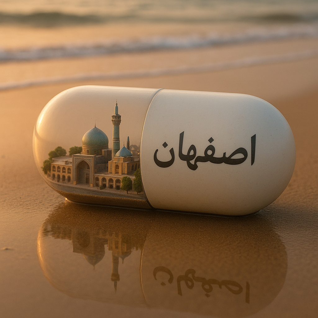 یک صحنه واقع‌گرایانه از یک شهر مینیاتوری محصور شده در داخل یک کپسول قرص شفاف، که در یک ساحل شنی قرار گرفته است، ایجاد کنید. کپسول باید نام شهر (مثلاً «[اصفهان]») را با فونت تمیز و پررنگ روی آن چاپ کند. در داخل کپسول، نسخه‌های مینیاتوری و دقیقی از مکان‌های دیدنی و معماری نمادین شهر، مانند ساختمان‌های معروف، بناهای تاریخی یا مناظر طبیعی، قرار دهید. کپسول باید با نورپردازی ملایم و سینمایی روشن شود که منظره شهر را بهبود می‌بخشد. پس‌زمینه باید یک ساحل آرام با امواج نرم را نشان دهد و انعکاس کپسول روی شن‌های مرطوب باید به وضوح قابل مشاهده باشد و فضایی رویایی و تخیلی ایجاد کند.