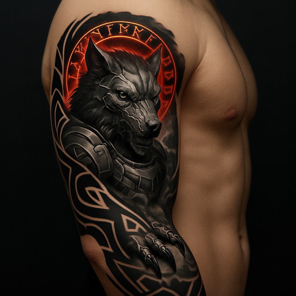 طراحی تتوی تمام آستین (سلیو) با جزئیات بسیار بالا، در سبک بلک‌ورک (blackwork) و نئو-قبیله‌ای (neo-tribal): تصویر روبه‌روی یک گرگ سایبر-وایکینگ با چشمانی از جنس فولاد، تلفیق‌شده با صفحات زره بیومکانیکی؛ خطوط هندسی سیال که بازو را به‌صورت طبیعی دنبال می‌کنند؛ دایره‌ای از حروف رونیک نورس که پشت سر گرگ با درخشش قرمز تیره می‌درخشد؛ چنگال‌هایی تیز با فضای منفی که در میان دود شکاف ایجاد کرده‌اند؛ ترکیبی از نواحی جوهری کاملاً سیاه و سایه‌زنی بسیار ظریف نقطه‌ای (micro-dot shading)؛ ترکیب‌بندی پویا با حفظ تقارن در بازو و ساعد؛ رندر فوق‌واقع‌گرایانه با کیفیت 8K، نورپردازی سینمایی از زاویه کناری، فضای بصری خشن و جذاب؛ طرحی مناسب برای انتشار در آرت‌استیشن (ArtStation) و ترندهای هنری روز
توضیحات تکمیلی
بلک‌ورک + نئو-قبیله‌ای: قدرت و اصالت مردانه را با مدرن‌ترین فرم‌ها ترکیب می‌کند.
گرگ سایبر-وایکینگ با زره بیومکانی: ترکیب اسطوره‌های خشن اسکاندیناوی با تکنولوژی آینده.
فضای منفی (negative space): به طرح بُعد و تنفس می‌دهد، برای پوست بسیار جذاب است.
رنگ قرمز تیره: به طرح «انرژی» و تمرکز بصری می‌دهد.