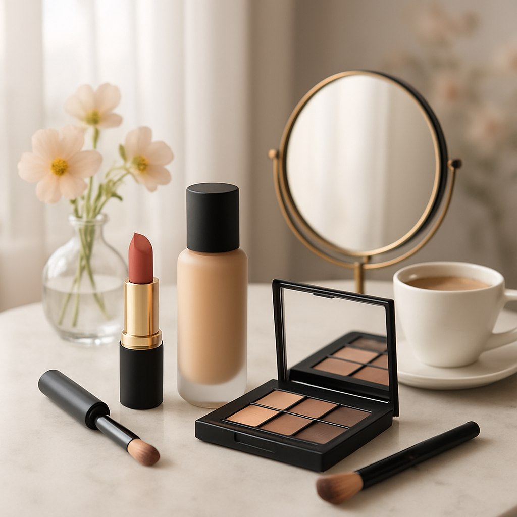 یک تصویر حرفه‌ای و خیره‌کننده از محصولات آرایشی در یک چیدمان زیبا و متعادل برای عکاسی با گوشی: یک میز ساده و مدرن با سطح مرمری یا چوبی روشن، که روی آن محصولات آرایشی شامل رژ لب، کرم پودر، و پالت سایه در بسته‌بندی‌های شیک و باکیفیت قرار گرفته‌اند. پس‌زمینه تار و ملایم با رنگ‌های خنثی یا گل‌های لطیف، حسی زنانه و شیک ایجاد می‌کند. نور طبیعی از یک پنجره بزرگ با پرده نازک به محصولات می‌تابد، جزئیات و بافت‌های آنها را برجسته می‌کند. برای جذابیت بیشتر، آیتم‌هایی مانند یک آینه گرد کوچک، قلم‌موهای آرایشی، و یک فنجان قهوه در کنار محصولات قرار داده شده‌اند.