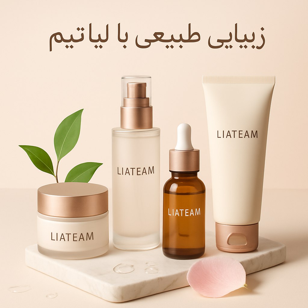 نمایش محصولات لیاتیم در یک صحنه شیک و مدرن، با تمرکز بر ارائه کیفیت و اصالت. محصولات در بطری‌ها و بسته‌بندی‌های جذاب و براق، با طراحی لوگو و برند لیاتیم به وضوح دیده می‌شوند. پس‌زمینه‌ای ساده و مینیمال با گرادیانت رنگی لطیف (ترکیب سفید و کرم یا صورتی ملایم) که حس آرامش و پاکیزگی را منتقل می‌کند. المان‌های طبیعی مانند برگ‌های سبز، گلبرگ‌های لطیف، و قطرات آب که در کنار محصولات چیده شده‌اند، نشان‌دهنده حس تازگی و طبیعی بودن محصولات هستند. نورپردازی نرم با تاکید بر جزئیات بسته‌بندی و رنگ‌های برند.