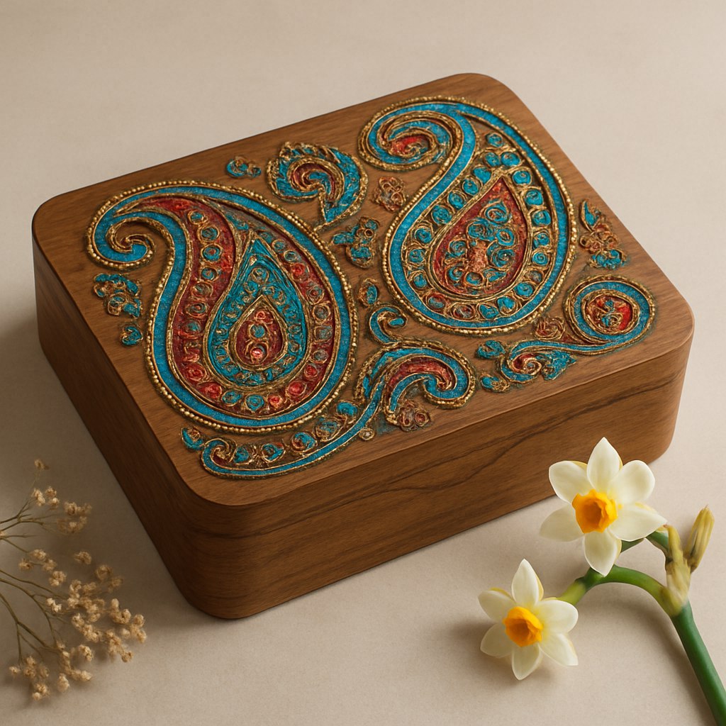 یک تصویر از جعبه‌ای شکیل با طرح ترمه، الهام‌گرفته از فرهنگ ایرانی و طراحی مدرن. جعبه دارای خطوط منحنی زیبا و نقوش ترمه‌ای با رنگ‌های سنتی مانند فیروزه‌ای، زرشکی و طلایی است که با جزئیات مدرن و ساده‌شده برجسته شده‌اند. سطح جعبه از جنس چوب با بافتی طبیعی و ظریف است، در حالی که نقوش ترمه با رنگ‌هایی درخشان به‌صورت برجسته تزئین شده‌اند. پس‌زمینه تصویر یک فضای خنثی با نورپردازی ملایم است که تمرکز را روی زیبایی و جزئیات جعبه نگه می‌دارد. برای افزایش جذابیت بصری، المان‌هایی مانند گل‌های خشک یا شاخه‌ای از گل نرگس ایرانی در کنار جعبه قرار گرفته‌اند.