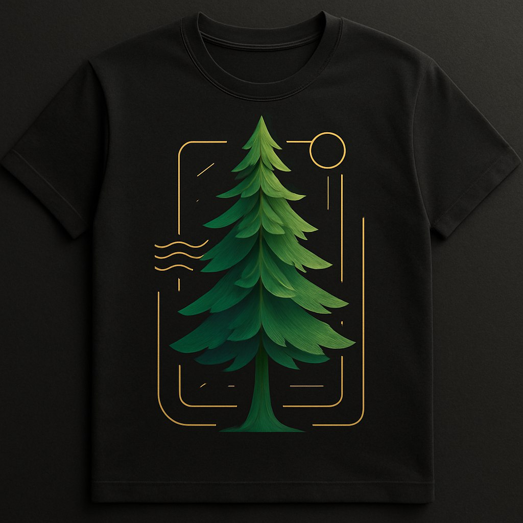 طرح یک درخت سرو با جزئیات مدرن و مینیمالیستی، با رنگ‌های سبز و طلایی، که روی تی‌شرت مشکی یا خاکستری چاپ شده است. در اطراف درخت، خطوط نازک هندسی یا اشکال موج‌دار طراحی شده‌اند تا ترکیبی از طبیعت و هنر مدرن ایجاد شود
