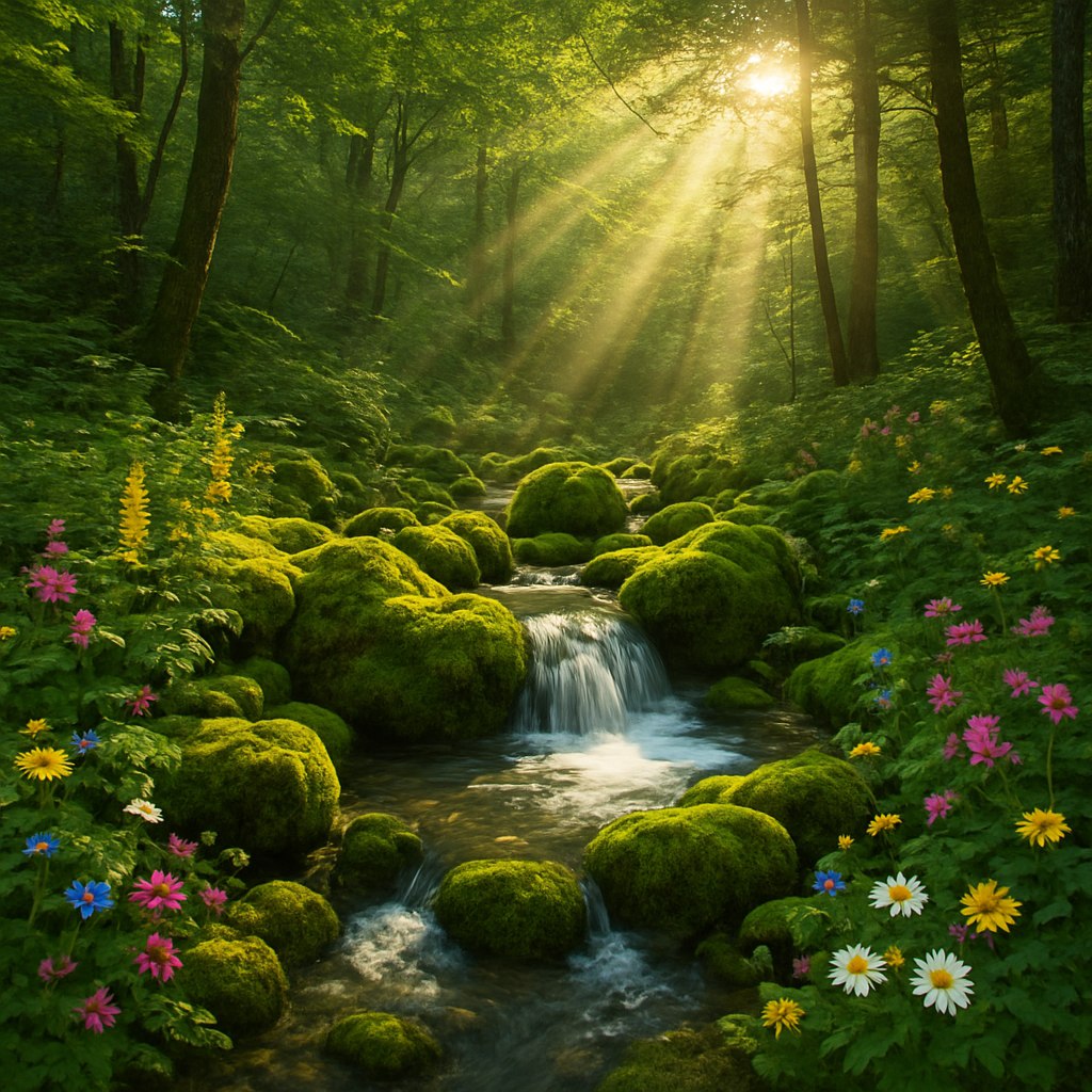 چشمه‌ای طبیعی در دل جنگل گلستان، با جریان آب زلال که از میان سنگ‌های پوشیده از خزه عبور می‌کند، گیاهان سبز و گل‌های وحشی رنگارنگ در حاشیه، و پرتوهای خورشید که به آرامی از میان شاخه‌ها می‌تابد.