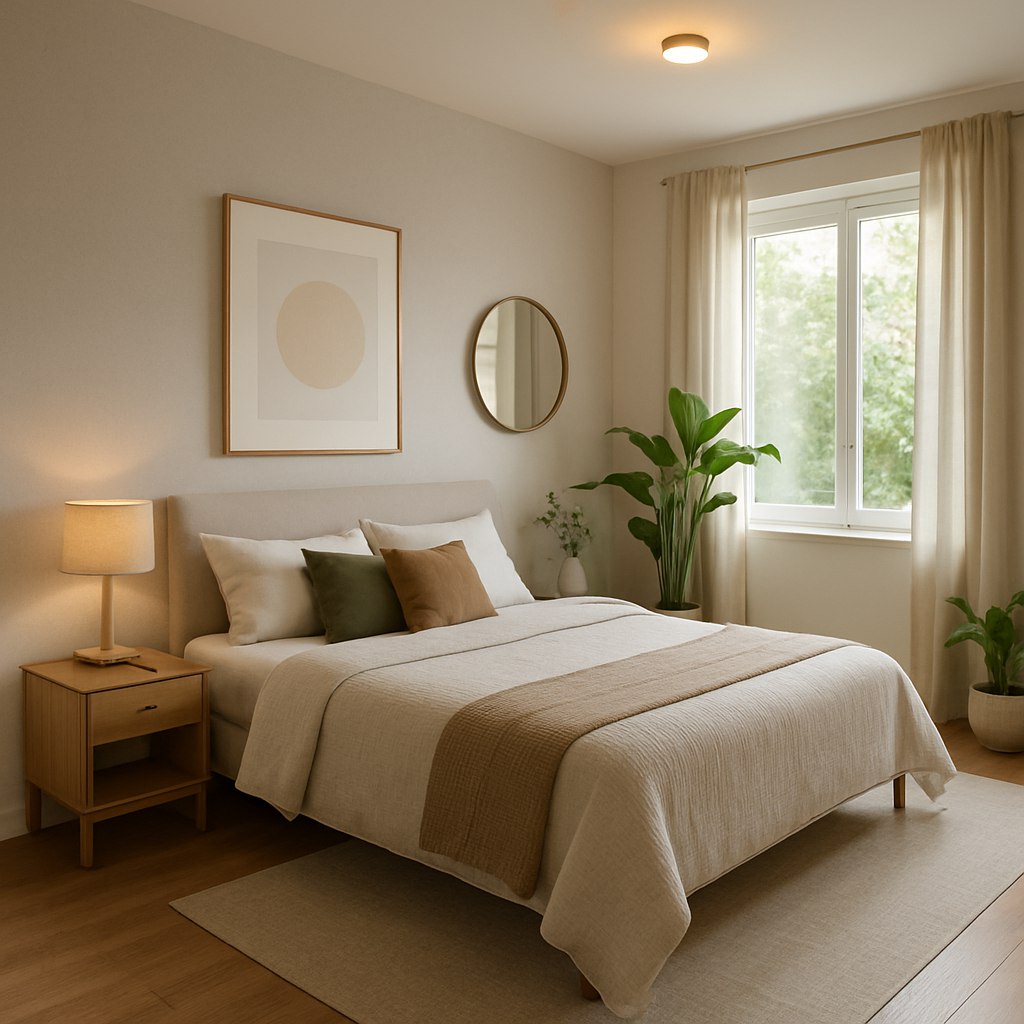 تصویری با کیفیت بسیار بالا از طراحی داخلی یک اتاق خواب مدرن و مینیمال، با چیدمانی ساده اما شیک. رنگ‌های اصلی فضا ترکیبی از تون‌های خنثی و مدرن مانند سفید، خاکستری روشن، بژ، همراه با رنگ‌های گرم و لطیف مانند قهوه‌ای روشن، کرم یا سبز زیتونی به‌کار رفته‌اند. تخت‌خواب با روتختی ساده و بافت‌دار، میز پاتختی چوبی مینیمال، نور طبیعی از پنجره بزرگ وارد اتاق می‌شود و با نورپردازی گرم سقفی ترکیب شده است. گیاهان آپارتمانی سبز، نور ملایم، پارچه‌های نرم و کف‌پوش چوبی به فضا حس گرما و آرامش می‌دهند. دکوراسیون کلی بدون شلوغی، با جزئیاتی مثل تابلو هنری مینیمال یا آینه‌ای ساده روی دیوار، فضایی با انرژی مثبت، دعوت‌کننده و مناسب برای استراحت و آرامش ایجاد کرده است.