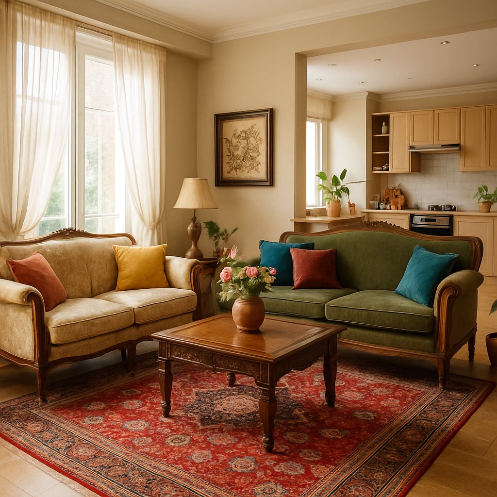 تصویر با کیفیت بسیار بالا و واقع‌گرایانه از طراحی داخلی یک منزل ایرانی به سبک کلاسیک تلفیقی با المان‌های مدرن. فضایی گرم، صمیمی و دلنشین با نورپردازی طبیعی (مثلاً نور آفتاب از پنجره‌های بزرگ با پرده‌های سفید نازک). استفاده از فرش دستباف ایرانی با رنگ‌های گرم (قرمز، لاکی، کرم)، مبل‌های کلاسیک با پارچه‌های طرحدار یا مخملی، میز چوبی سنتی یا با منبت‌کاری ظریف، دیوارهایی با رنگ‌های خنثی و تابلوهایی از هنر خوشنویسی یا نقاشی سنتی ایرانی. جزئیاتی مانند آباژور، کوسن‌های رنگی، گل‌های طبیعی یا گلدان‌های سفالی، و شاید بخشی از آشپزخانه‌ی اپن با طراحی مدرن ولی گرم و آشنا. ترکیبی هنرمندانه از اصالت ایرانی و سادگی مدرنیته. تصویر باید حس زندگی، آرامش و میهمان‌نوازی را القا کند و کیفیتی در حد عکاسی حرفه‌ای داشته باشد.