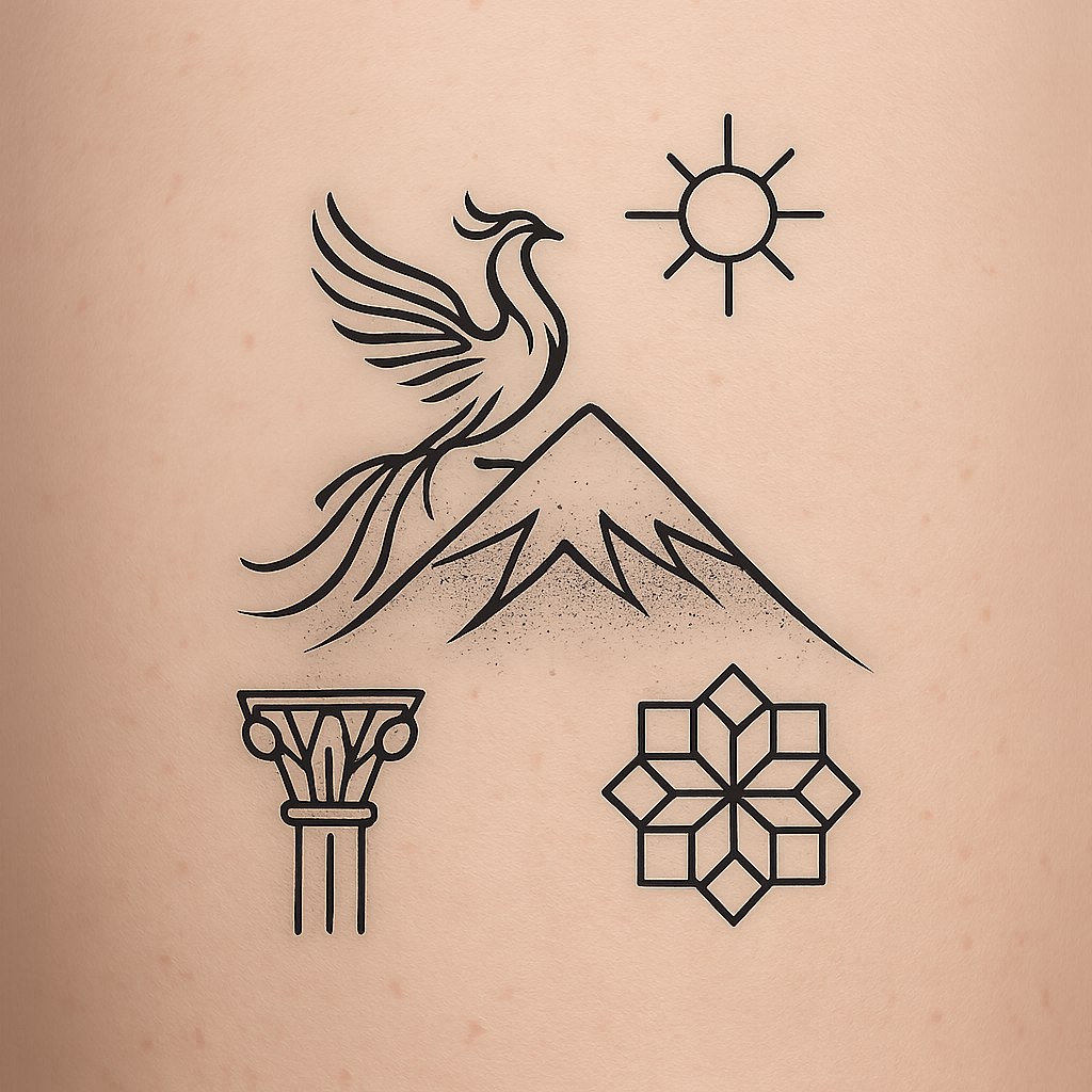 تصویری از یک تتوی خاص، با طراحی مینیمال، الهام‌گرفته از نمادهای ایرانی مانند خطوط هندسی اسلیمی، اشکال ساده‌شده از تخت جمشید، پرنده سیمرغ، کوه دماوند، خورشید، یا گل‌های شاه عباسی. طراحی سیاه و سفید یا با رنگ بسیار ملایم، بدون جزئیات زیاد، قابل استفاده برای بانوان و آقایان. سبک تتو ساده، شیک و منحصر به‌فرد باشد، با ترکیب مدرن و اصیل. پس‌زمینه خنثی و تمیز باشد تا تمرکز کامل روی خود طرح تتو باقی بماند.