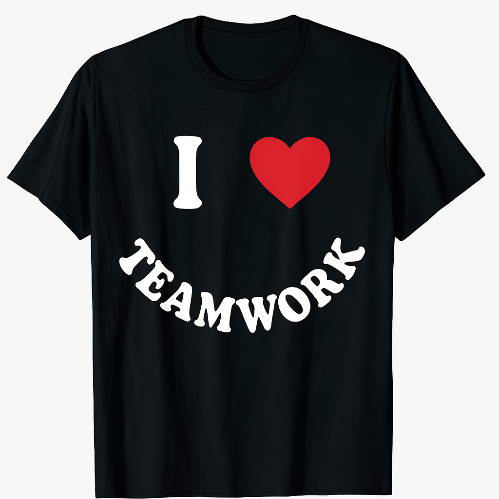یک تی‌شرت مشکی جسورانه و مدرن با عبارت «I ❤️ TEAMWORK» در طرحی شاد و پویا بپوشید. متن باید به رنگ سفید باشد و یک نماد قلب قرمز روشن جایگزین کلمه «عشق» شود. کلمه «کار تیمی» باید به صورت قوسی شبیه لبخند در زیر «من ❤️» خمیده باشد تا حس مثبت و دوستی را القا کند. از یک فونت جسورانه، کمی رترو یا کارتونی استفاده کنید که خوانایی و جذابیت را افزایش دهد. مطمئن شوید که طرح روی سینه متمرکز شده و جلوه بصری ایجاد می‌کند، مناسب برای لباس‌های غیررسمی و رویدادهای تیمی.