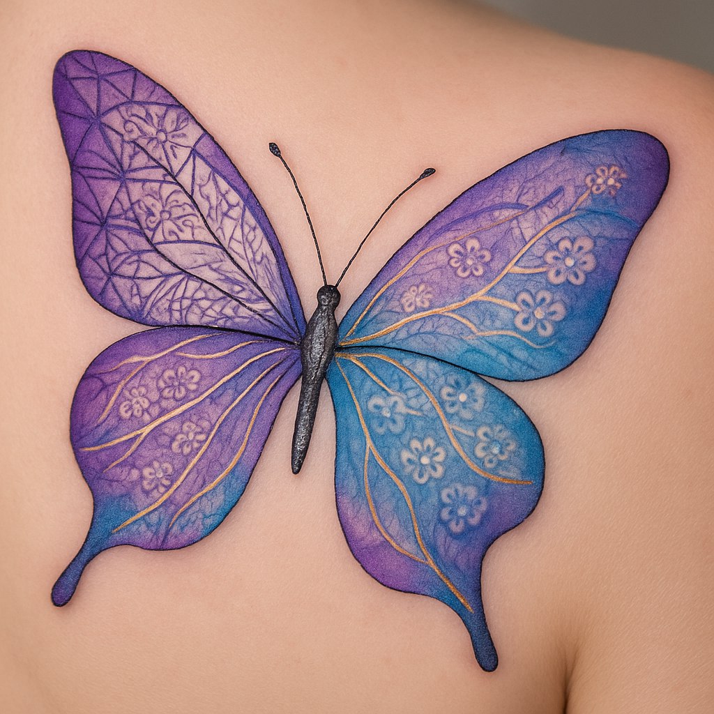 طراحی تتوی پروانه‌ای متفاوت و جذاب: یک پروانه با بال‌هایی ترکیبی از طرح‌های هندسی و خطوط نرم آبرنگی در طیف رنگ‌های بنفش، آبی و طلایی. بال‌ها دارای جزئیات ظریف مانند الگوهای گل‌های مینیاتوری یا خطوط تکرارشونده هستند که حس ظرافت و هنر را منتقل می‌کند. بدن پروانه از خطوط نازک سیاه و سفید ساخته شده که با نقاط ریز به سبک طراحی مینیمال تزئین شده است. طرح به گونه‌ای طراحی شده که با انحنای بدن تطبیق داشته باشد و فضایی رویایی و مدرن را ارائه دهد.