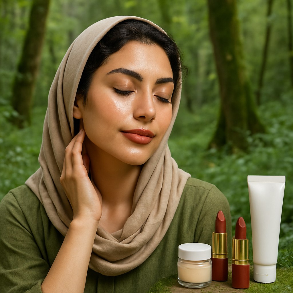 بانو ایرانی با آرایش ملایم در کنار لوازم آرایشی