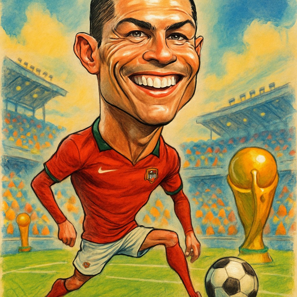 یک کاریکاتور خلاقانه و جذاب از کریستیانو رونالدو با تأکید بر ویژگی‌های برجسته او. صورت با چهره‌ای اغراق‌شده: چانه برجسته، ابروهای پرپشت، و لبخندی بزرگ که حس اعتمادبه‌نفس و انرژی او را نشان می‌دهد.

بدن او به‌صورت اغراق‌آمیز لاغر و کشیده، اما با پاهایی قدرتمند طراحی شده که نماد قدرت فوتبالی او هستند. لباس تیم باشگاهی یا ملی او با جزئیات دقیق، در کنار یک توپ فوتبال که به هوا پرتاب شده یا به پای او چسبیده، نمایش داده می‌شود.

پس‌زمینه با المان‌های خلاقانه مثل میدان فوتبال، جمعیت طرفداران، یا تروفی‌ها پر شده است. رنگ‌ها شاد و جذاب، همراه با خطوط دینامیک که حس حرکت و انرژی را تقویت می‌کنند.