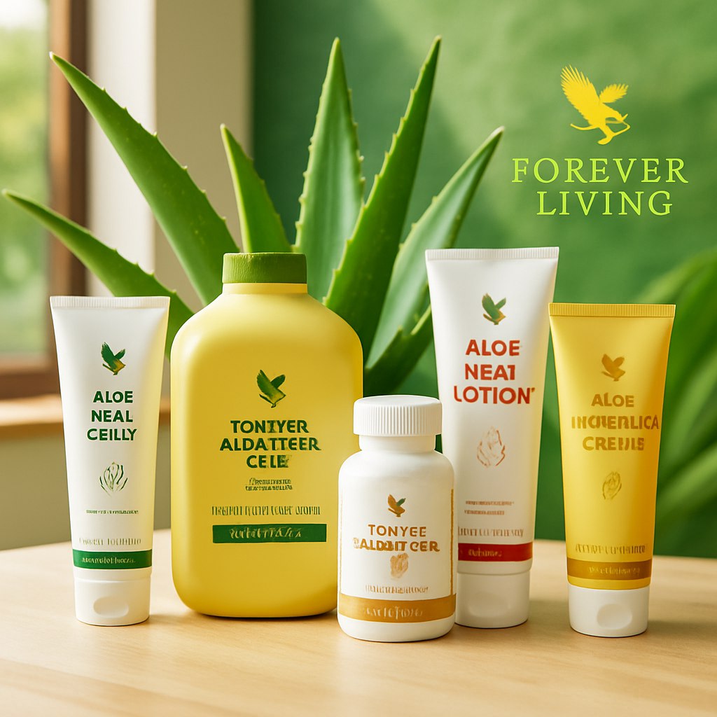 نمایش تعدادی از محصولات برند فوراور (Forever Living) با چیدمانی شیک و مدرن روی سطحی تمیز و روشن، در پس‌زمینه‌ای طبیعی یا الهام‌گرفته از طبیعت (مانند میز چوبی در کنار پنجره‌ای با نور طبیعی، یا پس‌زمینه سبز با برگ‌های آلوئه‌ورا). محصولات با نورپردازی حرفه‌ای به سبک عکاسی تبلیغاتی نمایش داده شوند. استفاده از رنگ‌های برند فوراور (سبز، سفید، زرد) در دکور، نور یا المان‌های اطراف. لوگو و نام برند 