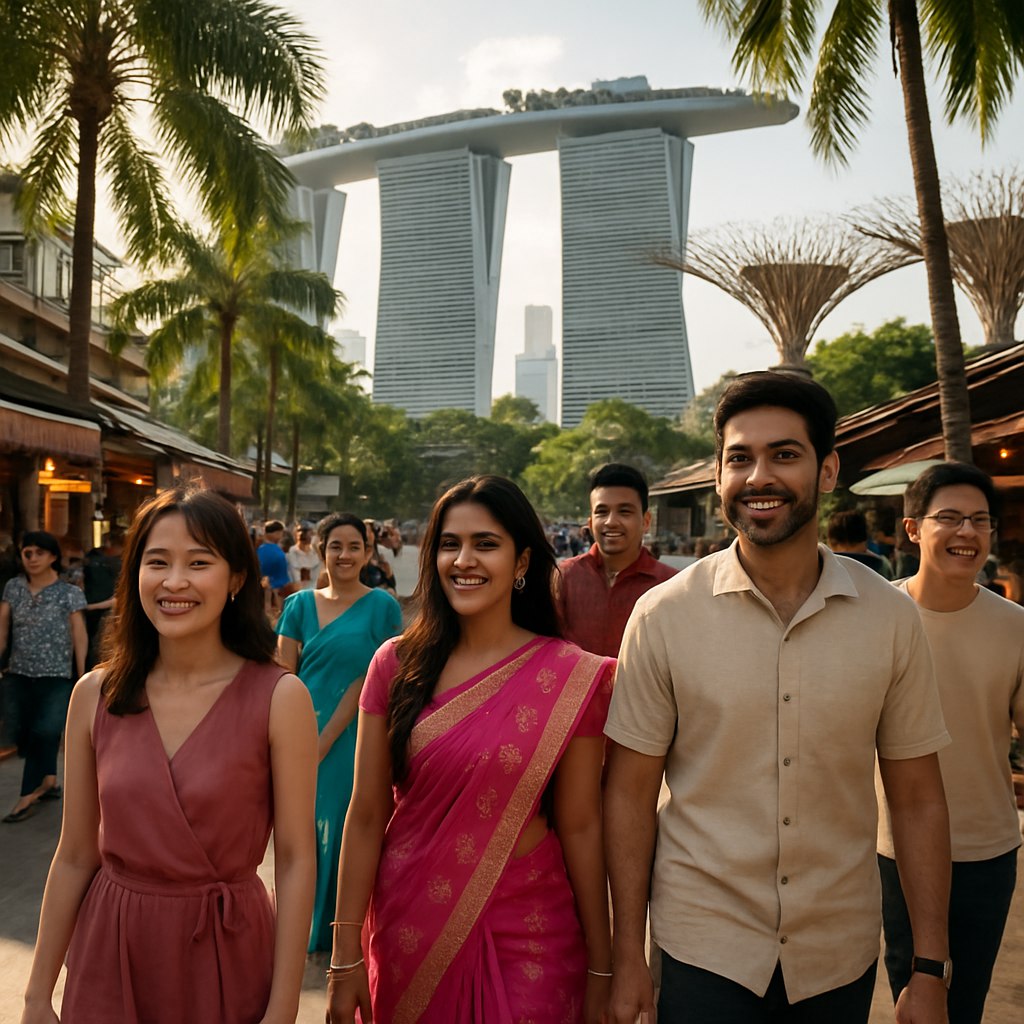 تصویری خیره‌کننده و جذاب از مردم سنگاپور: گروهی متنوع از مردم در حال قدم زدن در خیابان‌های سنگاپور، با پس‌زمینه‌ای از معماری مدرن و سبزینگی شگفت‌انگیز شهر مانند 'مارینا بی سندز' و 'سوپر تری گرو'. لباس‌ها ترکیبی از استایل مدرن و سنتی، مانند ساری‌های رنگارنگ و لباس‌های کژوال شیک، که تنوع فرهنگی را نمایش می‌دهند. نورپردازی طبیعی با نور خورشید که از میان درختان نخل عبور می‌کند و جزئیات چهره‌ها و لبخندهای مردم را برجسته می‌کند. در اطراف، بازارچه‌های کوچک، غذاهای خیابانی و فروشندگان در حال تعامل، حس زنده و پویا بودن محیط را منتقل می‌کنند.