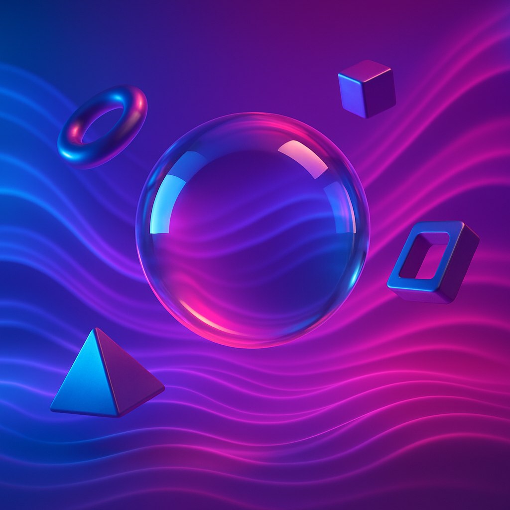 یک صحنه سه‌بعدی خیره‌کننده و هنری با ترکیبی از رنگ‌های گرادیان پرانرژی شامل آبی، بنفش و صورتی. یک کره شفاف شناور با بازتاب نورهای نئون و سایه‌های زیبا در مرکز تصویر. اطراف کره، ساختارهای هندسی شناور با طراحی مینیمالیستی و بافت‌های متالیک یا شیشه‌ای. خطوط موج‌دار و نرم که به شکل هاله‌ای از انرژی در حال حرکت هستند، در پس‌زمینه دیده می‌شوند. نورپردازی با حالت سه‌بعدی عمق بیشتری به تصویر می‌بخشد و جلوه‌ای از فضای بی‌نهایت ایجاد می‌کند. حس کلی آرامش، تکنولوژی و زیبایی بصری در تصویر موج می‌زند.