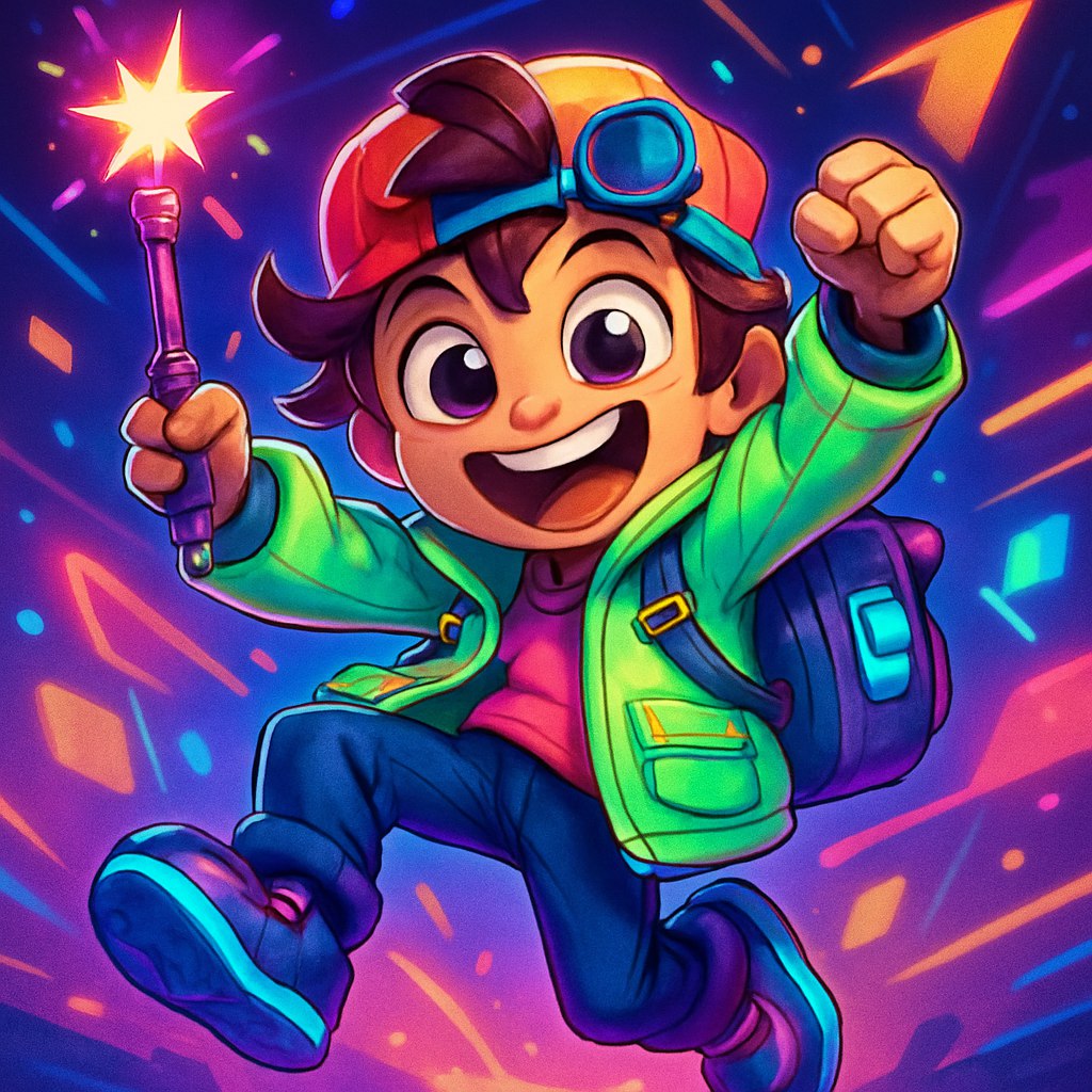 تصویری کاریکاتوری و هیجان‌انگیز از یک شخصیت کارتونی محبوب نسل جدید: کاراکتری با چهره‌ای خندان و چشم‌های درشت براق که پر از انرژی و شیطنت است. لباس شخصیت شامل ترکیبی از عناصر مدرن و فانتزی است، مانند کت نئونی با جیب‌های بزرگ و کفش‌های اسپرت براق. او در حال اجرای یک حرکت پویا، مانند پریدن یا ژست پیروزی، قرار دارد. پس‌زمینه شامل عناصر گرافیکی رنگارنگ و نورهای نئونی است که به تصویر حس زندگی و جنب‌وجوش می‌بخشد. جزئیاتی مانند تجهیزات فانتزی، مانند یک ابزار جادویی یا یک کوله‌پشتی دیجیتالی، به شخصیت عمق و جذابیت اضافه می‌کند.