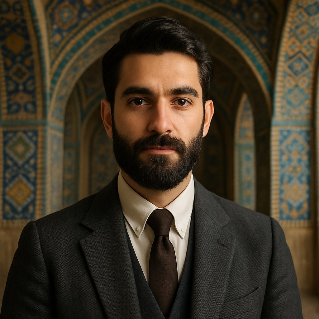 عکس پروفایل یک مرد ایرانی با ریش مرتب، تیپ کلاسیک و پس‌زمینه‌ای با معماری ایرانی مثل طاق‌های کاشی‌کاری شده، که حس اصالت و وقار را منتقل می‌کند