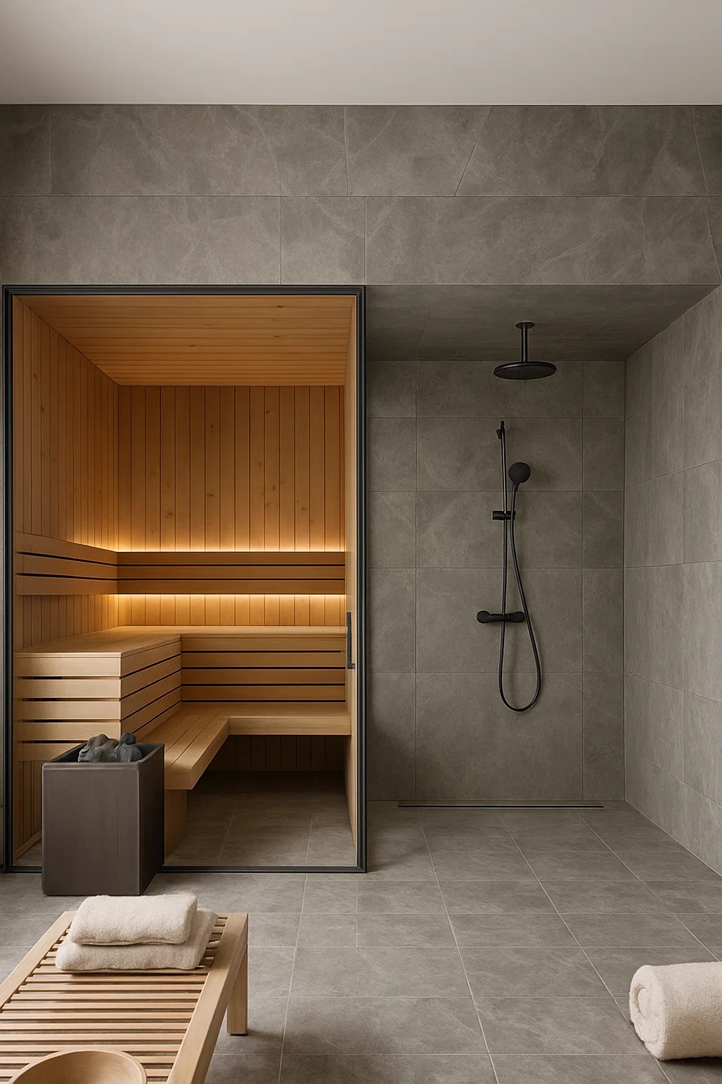 طراحی دیوار پشتی که سونا و دوش در آن قرار دارد،  کف آن از سنگ مرمر خاکستری است.