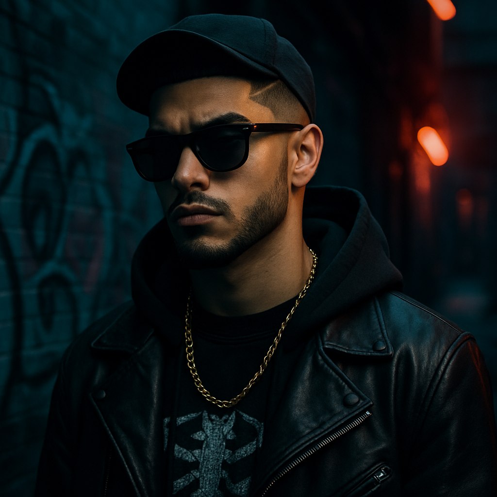 یک عکس پروفایل پسرانه با استایل گنگ و لاتی، پسر جوان با موهای مدل‌دار (مانند مدل‌های فید یا خط‌دار)، صورت با خط ریش مرتب و ته‌ریش تمیز، چهره‌ای خونسرد و مرموز. لباس‌هایی با استایل خیابانی (هودی مشکی، تی‌شرت گرافیکی، یا کت چرم). جزئیاتی مانند زنجیر طلایی یا نقره‌ای، عینک آفتابی تیره، یا کلاه بیسبال. پس‌زمینه یک کوچه شهری، دیوار با گرافیتی، یا محیط تاریک با نورهای نئون. نورپردازی با کنتراست بالا که سایه‌های عمیق ایجاد کند و حس قدرت و ابهام را تقویت کند. عکس با کیفیت بالا و سبک سینمایی.