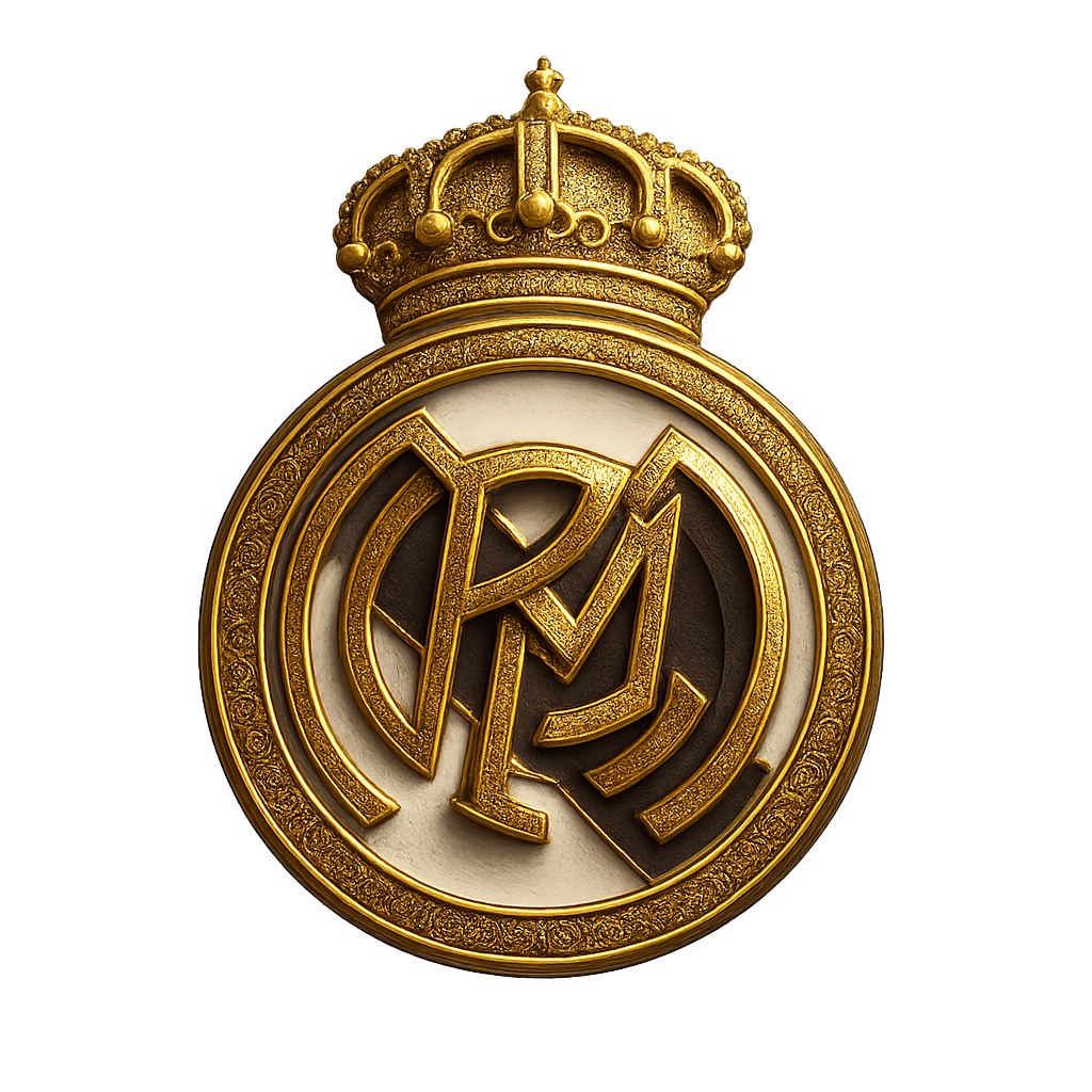 طراحی لوگوی جدید و جذاب برای باشگاه رئال مادرید: لوگویی سه‌بعدی با جزئیات طلایی براق و سفید خالص، ترکیبی از تاج نمادین باشگاه و خطوط هندسی مدرن که حس قدرت و شکوه را منتقل می‌کند. حاشیه‌ای دایره‌ای با الهام از طرح‌های اسپانیایی، و استفاده از بافت‌های مخملی و سایه‌های نرم برای برجسته‌سازی عناصر لوگو. حروف R و M در مرکز لوگو به صورت تلفیقی و دینامیک طراحی شده‌اند، با افکت‌هایی که حس حرکت و انرژی را تداعی می‌کنند. طرح باید حس وفاداری، تاریخچه باشگاه و افتخار را به تصویر بکشد.