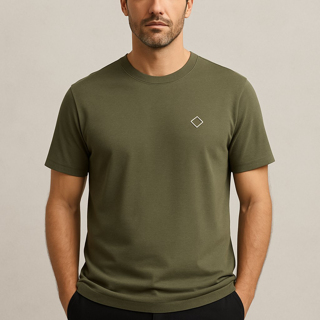 تصویری از یک تی‌شرت مردانه شیک برای رده‌ سنی ۲۵ تا ۵۰ سال، با طراحی ساده، مدرن و مینیمال که در عین منحصر‌به‌فرد بودن، برای عموم آقایان جذاب و قابل‌پسند است. رنگ تی‌شرت یکی از رنگ‌های محبوب و خوش‌استایل مانند سرمه‌ای، خاکستری زغالی یا سبز زیتونی باشد. پارچه، باکیفیت و راحت به‌نظر برسد و فرم آن آزاد و استاندارد باشد. طرح روی تی‌شرت بسیار ساده اما شیک باشد؛ برای مثال یک شکل هندسی کوچک، خطوط انتزاعی ظریف یا نماد مینیمال در قسمت سینه. پس‌زمینه تصویر خنثی و حرفه‌ای باشد تا تمرکز کامل روی تی‌شرت حفظ شود.