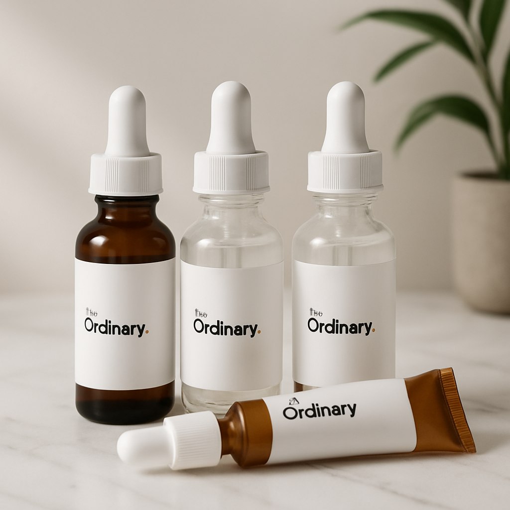 تصویری با کیفیت بسیار بالا از محبوب‌ترین محصولات برند The Ordinary، از جمله سرم نیاسینامید، هیالورونیک اسید، رتینول و آلفا آربوتین، در فضایی شیک، مدرن و مرتبط با حوزه مراقبت از پوست. محصولات روی سطحی تمیز مانند سنگ مرمر سفید، یا در محیط زیبایی با نور طبیعی و طراحی مینیمال چیده شده‌اند. نورپردازی حرفه‌ای و نرم با سایه‌های ملایم. عکس کاملاً واقع‌گرایانه و شبیه عکس تبلیغاتی باشد. روی بطری‌ها فقط نام برند به انگلیسی 