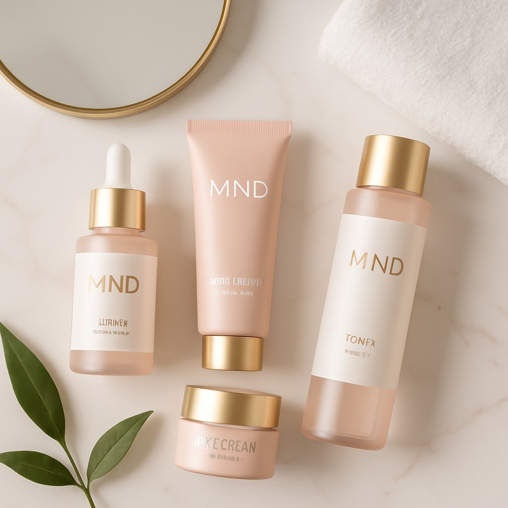 چند مدل از محصولات آرایشی و مراقبت از پوست برند MND شامل سرم صورت، کرم مرطوب‌کننده، کرم دور چشم و تونر، با طراحی بسته‌بندی مدرن و شیک، چیده‌شده در یک محیط لوکس و مینیمال با تم رنگی سفید، صورتی ملایم، و طلایی. نورپردازی استودیویی حرفه‌ای با سایه‌های نرم، کیفیت واقع‌گرایانه مشابه عکس تبلیغاتی. زاویه دوربین ترکیبی از نمای از بالا (flat lay) و نیمه مورب (45 درجه)، پس‌زمینه شیک با المان‌های مرتبط با زیبایی مثل آینه، حوله سفید، برگ‌های سبز یا سنگ مرمر. محصولات در ترکیب هنری و تمیز نمایش داده شوند، بدون لوگوهای مشخص، ولی با استایل اختصاصی برند.