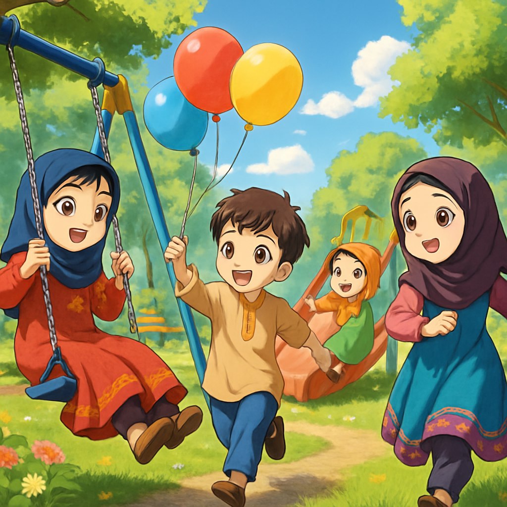 تصویری سه‌بعدی از کودکان ایرانی در حال بازی در یک پارک زیبا و شاد طراحی کن، به سبک انیمه. محیط پارک شامل درختان سرسبز، گل‌های رنگارنگ، و آسمانی آبی با چند ابر نرم باشد. کودکان در حال بازی روی تاب، سرسره، و دویدن با بادکنک‌های رنگی باشند. لباس کودکان ترکیبی از لباس‌های سنتی ایرانی با رنگ‌های شاد و سبک‌های مدرن باشد. فضای تصویر باید پر از انرژی، نشاط و حس زندگی باشد.