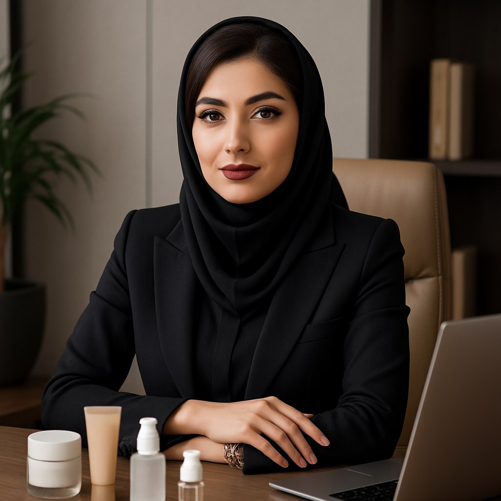 تصویری از یک بانوی موفق ایرانی در محیط کاری شیک، با آرایشی حرفه‌ای و محصولاتی که روی میز او دیده می‌شوند.