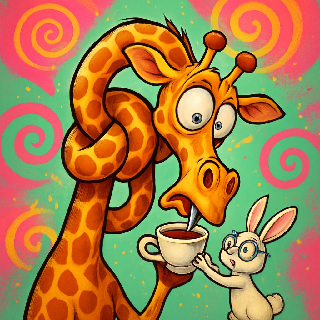 یک کاریکاتور پرانرژی و خنده‌دار از یک زرافه بلند و باریک که در حال تلاش است از یک فنجان کوچک قهوه بنوشد، اما گردنش به خاطر خم شدن بیش از حد به هم گره خورده است! زرافه با چهره‌ای خنده‌دار و چشمان گرد شده به فنجان نگاه می‌کند. پس‌زمینه‌ای شاد و جذاب با رنگ‌های شاد و زنده مانند ترکیب صورتی نئونی و سبز نعنایی، با الگوهای آب‌نباتی مارپیچی که حس طنز و بازیگوشی را تقویت می‌کند. در گوشه‌ای از تصویر، یک خرگوش کوچک و کنجکاو با عینک دایره‌ای که سعی می‌کند زرافه را باز کند، به تصویر کشیده شده است. نورپردازی با افکت کارتونی درخشان برای تأکید بر حس نشاط و انرژی تصویر.