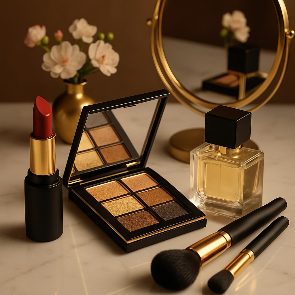 چیدمانی از لوازم آرایشی لوکس و خیره‌کننده شامل رژ لب، پالت سایه چشم، عطر، و براش‌های آرایشی با طراحی طلایی و مشکی مات. محصولات بر روی یک میز مرمر سفید با انعکاس لطیف چیده شده‌اند. نورپردازی گرم و متمرکز بر روی محصولات که جزئیات براق و مات بسته‌بندی را برجسته می‌کند. در پس‌زمینه، یک گلدان کوچک با گل‌های سفید و صورتی لطیف و یک آینه طلایی که در آن بازتابی از محصولات دیده می‌شود. پالت رنگی تصویر شامل طلایی، مشکی، سفید و صورتی ملایم برای ایجاد حس لوکس و زنانه. حس کلی تصویر مدرن، جذاب و متناسب با زیبایی‌شناسی بانوان ایرانی است.