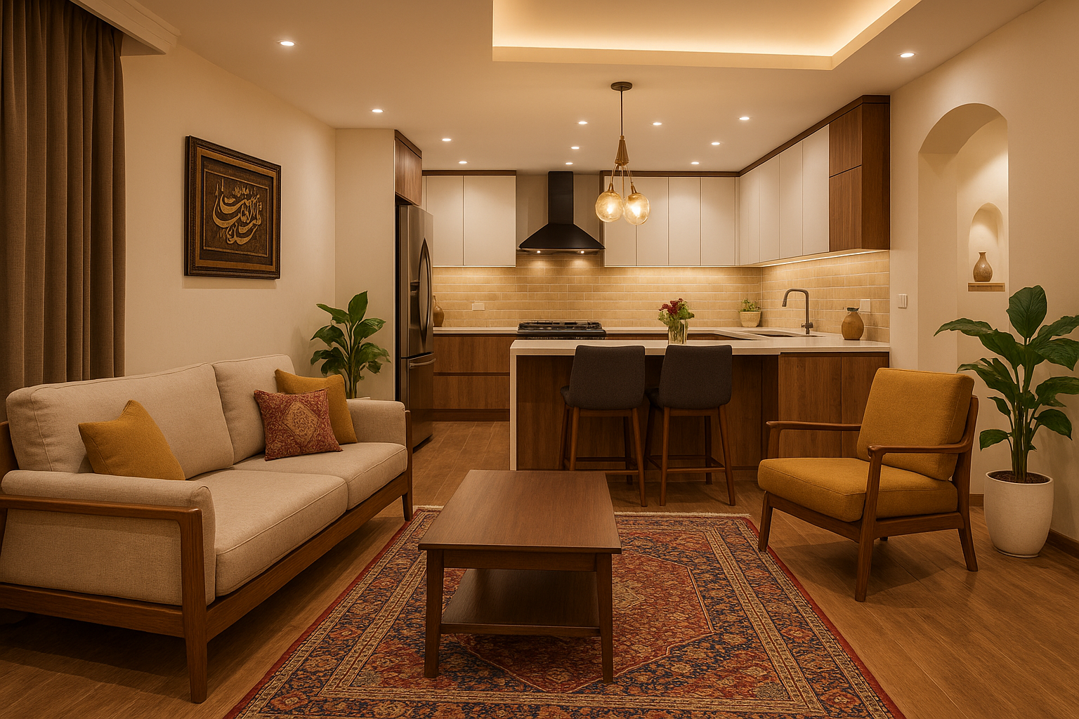 یک طراحی داخلی باز و دلباز از نشیمن و آشپزخانه با سبک مدرن و شیک برای خانواده ایرانی. فضایی با اتمسفر گرم و دلنشین، شامل رنگ‌های خنثی و ملایم، عناصر طبیعی چوب و مبلمان مدرن. جزئیات ایرانی سنتی مانند فرش دستباف با طرح‌های غنی و تابلو خطاطی زیبا به طور هماهنگ با چراغ‌های مدرن و لوازم آشپزخانه ترکیب شده‌اند. آشپزخانه دارای طراحی مینیمال با کابینت‌های چوب گردو، جزیره‌ای شیک و فضای ناهارخوری دنج است. گلدان‌های گل و قوس‌های تزئینی به فضا گرما و جذابیت بیشتری بخشیده‌اند.