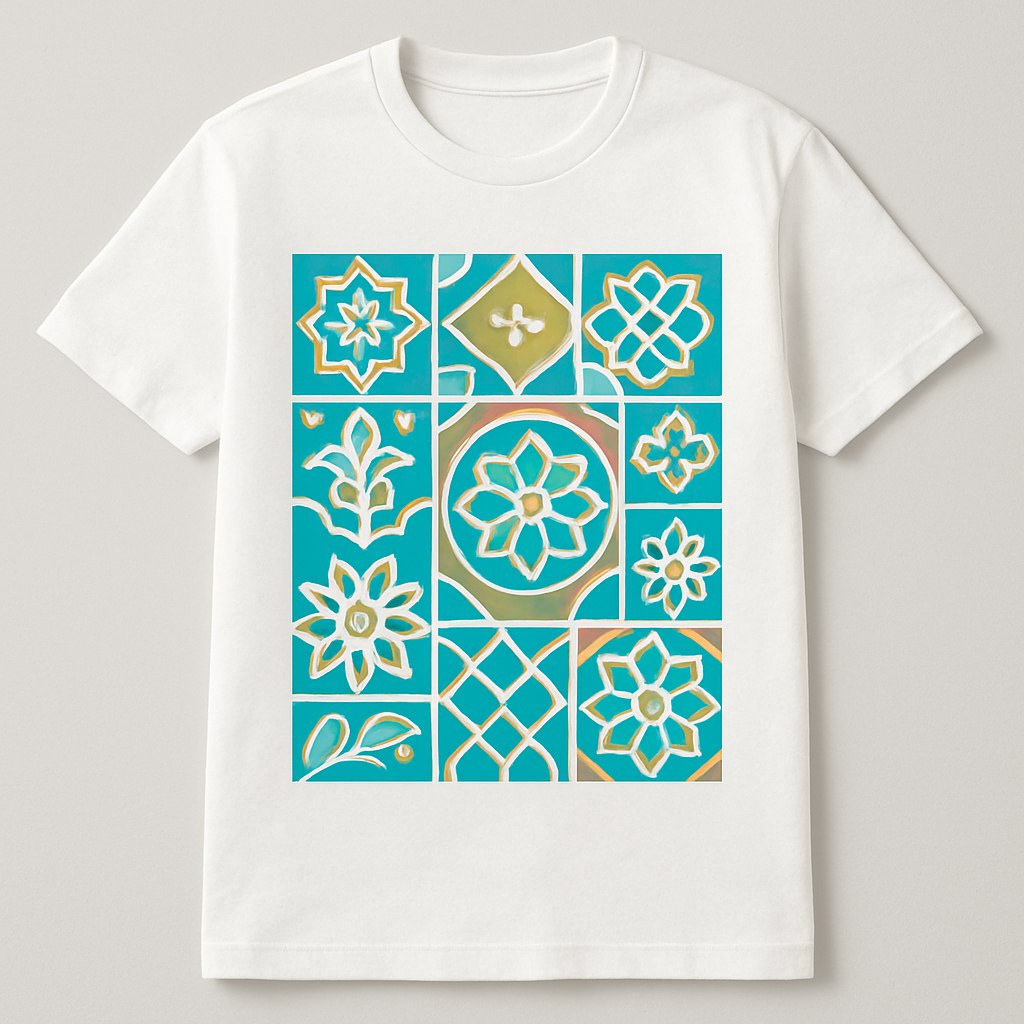 الگوهای کاشی‌کاری سنتی ایرانی به‌صورت انتزاعی و مدرن، با رنگ‌های آبی فیروزه‌ای، طلایی، و سفید. طرح به‌صورت یک پنل مربعی در مرکز تی‌شرت یا به‌صورت پراکنده در سراسر آن چاپ شده است. این سبک ترکیبی از هنر سنتی و جذابیت مدرن برای مخاطبان امروزی است.