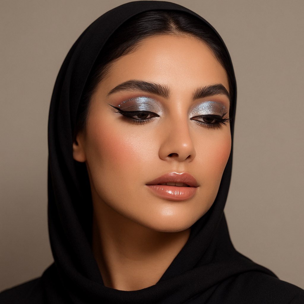 تصویر چهره‌ی زن ایرانی با آرایش کرومی مطابق با ترندهای جدید دنیای مد، در فضایی با نورپردازی حرفه‌ای و پس‌زمینه‌ای ساده و مدرن. پوست با بافت طبیعی و صاف، آرایش چشم‌ها با سایه‌های کرومی براق در طیف نقره‌ای، طلایی یا رزگلد، خط چشم کشیده و مژه‌های بلند. لب‌ها با رژ براق یا متالیک در رنگ‌های ملایم (نود، صورتی، مرجانی). ابروها مرتب و طبیعی، گونه‌ها با هایلایت درخشان و براق. استفاده از نور بازتابی برای نمایش جلوه‌ی کروم و براق بودن آرایش. استایل کلی چهره شیک، باوقار و خاص اما قابل استفاده برای عموم بانوان ایرانی. پس‌زمینه ساده یا با رنگ خنثی تا تمرکز روی چهره و آرایش بماند. تصویر باید مانند عکس تبلیغاتی برندهای معتبر آرایشی باشد با وضوح و جزئیات بالا.