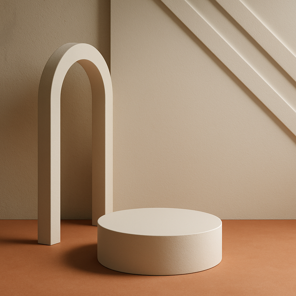 یک صحنه مینیمالیستی با اشکال هندسی شامل یک سکوی گرد، یک قوس خمیده و خطوط مورب در پس‌زمینه. رنگ‌ها در تناژ خنثی مانند بژ، کرم و نارنجی خاکی تنظیم شده‌اند. نورپردازی ملایم و پراکنده است، با ترکیبی متعادل از سطوح صاف و بافت‌های زبر که یک ترکیب بصری هماهنگ و جذاب را ایجاد می‌کند