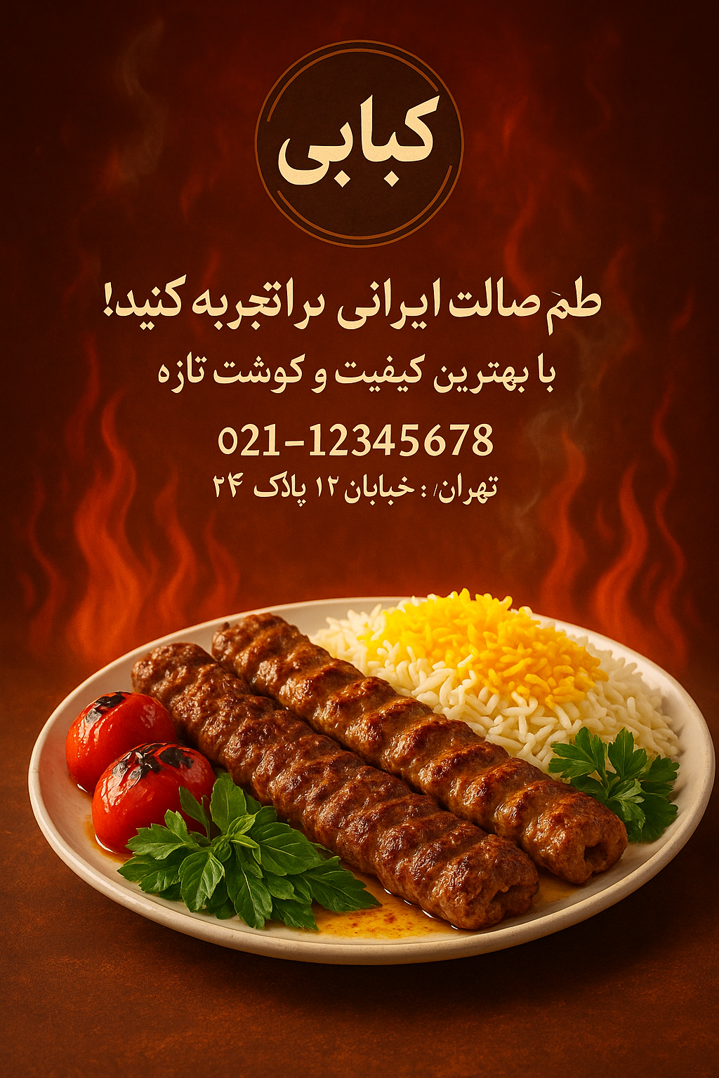 یک بنر جذاب و خیره‌کننده برای یک کبابی ایرانی: تصویر یک بشقاب کباب‌های داغ و تازه، شامل کوبیده و برگ، با برنج زعفرانی، گوجه‌های کبابی براق، و سبزی تازه که در مرکز تصویر قرار گرفته است. پس‌زمینه‌ای با رنگ‌های گرم و الهام‌بخش از شعله‌های آتش، همراه با دود ملایم که حس تازگی و طعم کباب را تداعی می‌کند. لوگوی کبابی به زبان فارسی و اطلاعات تماس (شماره تلفن و آدرس) قرار گرفته باشد. یک هاله نور گرم روی غذا اضافه شده که جلوه‌ای اشتهابرانگیز ایجاد کند.