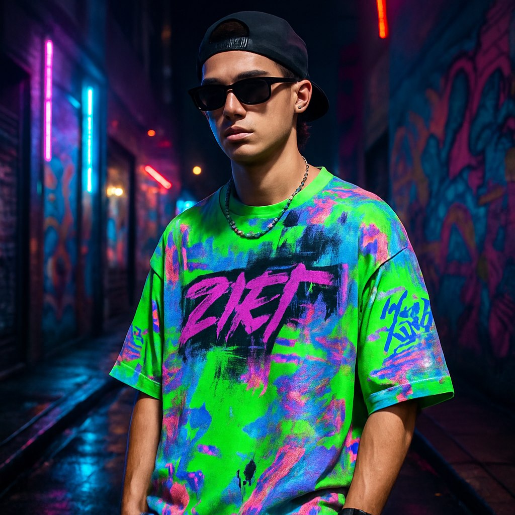 یک تیشرت لش با استایل استریت‌ور برای نسل Z، با رنگ‌های بسیار جذاب و زنده مثل سبز نئونی، صورتی تند، و آبی الکتریکی. طرح آن ترکیبی از عناصر گرافیکی انتزاعی، هنر گلیچ (glitch art)، تایپوگرافی گرافیتی‌مانند، و بافت‌های هولوگرافیک است. مدل آن یک جوان امروزی با استایل خاص و اکسسوری‌های ترندی است، در پس‌زمینه‌ای از خیابان مدرن با نورهای نئونی و دیوارنگاره‌های شهری. نورپردازی حرفه‌ای و هنری، کیفیت بالا (4K)، با زاویه دید خلاقانه.