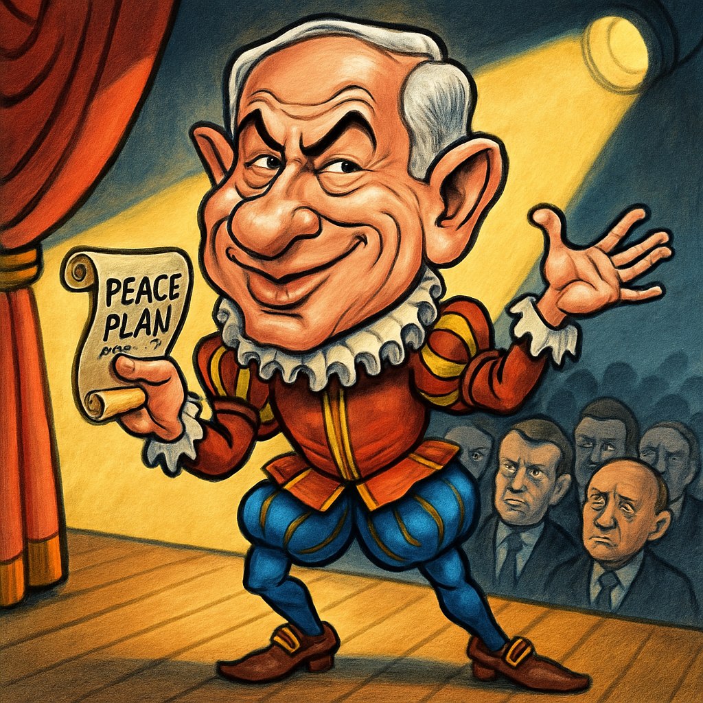 کاریکاتوری طنزآمیز و خلاقانه از بنیامین نتانیاهو، در نقش یک بازیگر نمایشی اغراق‌آمیز با لباس‌های شکسپیری، در حال اجرای نقش روی صحنه‌ی تئاتر، در حالی که یک طومار کوچک جعلی با عنوان «طرح صلح» در دست دارد و با حالتی نمایشی ژست گرفته — چهره‌اش با اغراق کشیده شده: دماغ بزرگ، ابروهای تیز، لبخند کنایه‌آمیز — سبک کارتونی با رنگ‌های زنده، فضای سیاسی-طنز، در صحنه‌ی تئاتری با نورافکن و حضار سردرگم شامل رهبران جهان در پس‌زمینه — جسور، هوشمندانه و بامزه.