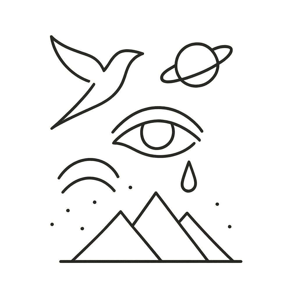 طرحی برای تتوی مینیمال، منحصربه‌فرد و پرمفهوم، با جذابیت بالا برای جوانان. طراحی با جوهر مشکی و در سبک خطی ساده انجام شود. طرح باید ترکیبی از نمادگرایی عمیق و زیبایی‌شناسی مینیمال باشد؛ الهام‌گرفته از عناصر طبیعت، گذر زمان، احساسات یا رشد درونی. ایده‌هایی مانند پرنده‌های抽象، اشکال هندسی با مفاهیم پنهان، سیارات کوچک با خطوط مداری، چشمی با اشکی ظریف، یا کوه‌های مینیمال زیر آسمانی پرستاره پیشنهاد می‌شود. طرح باید تمیز، کوچک و ظریف باشد؛ مناسب برای نقاطی مانند مچ دست، پشت گوش یا مچ پا. بدون پس‌زمینه، با کنتراست بالا، و در قالب خطی (line-art) ارائه شود.